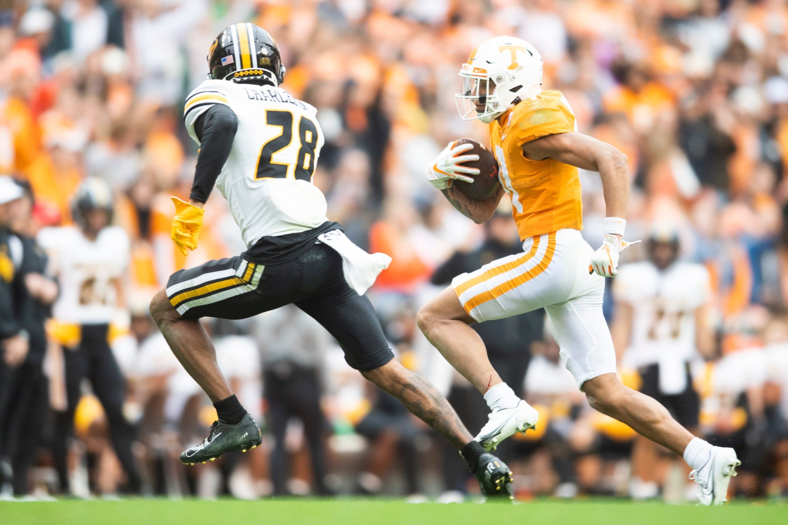 Tennessee wide receiver Jalin Hyatt (11) runs out of bounds during a game between Tennessee and Missouri in Neyland Stadium, Saturday, Nov. 12, 2022. Volsmizzou1112 1679