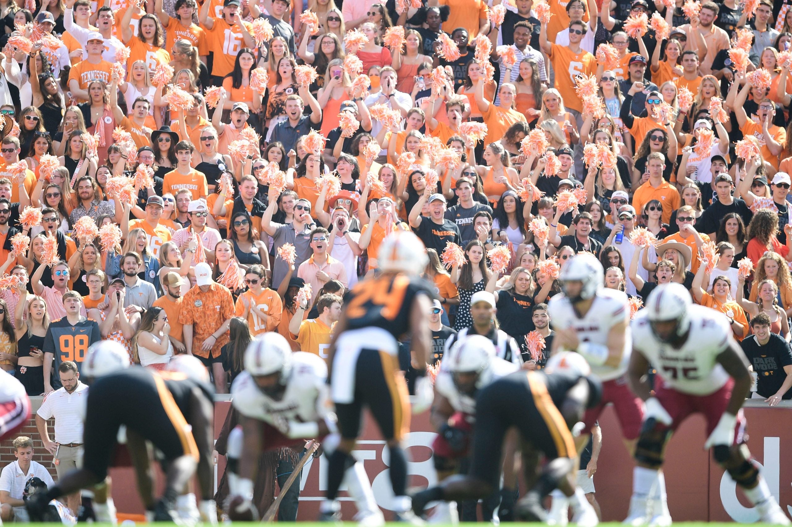 Tennessee students cheer from the stands during an NCAA college football game between the Tennessee Volunteers and the South Carolina Gamecocks in Knoxville, Tenn. on Saturday, Oct. 9, 2021. Kns Tennessee South Carolina Football