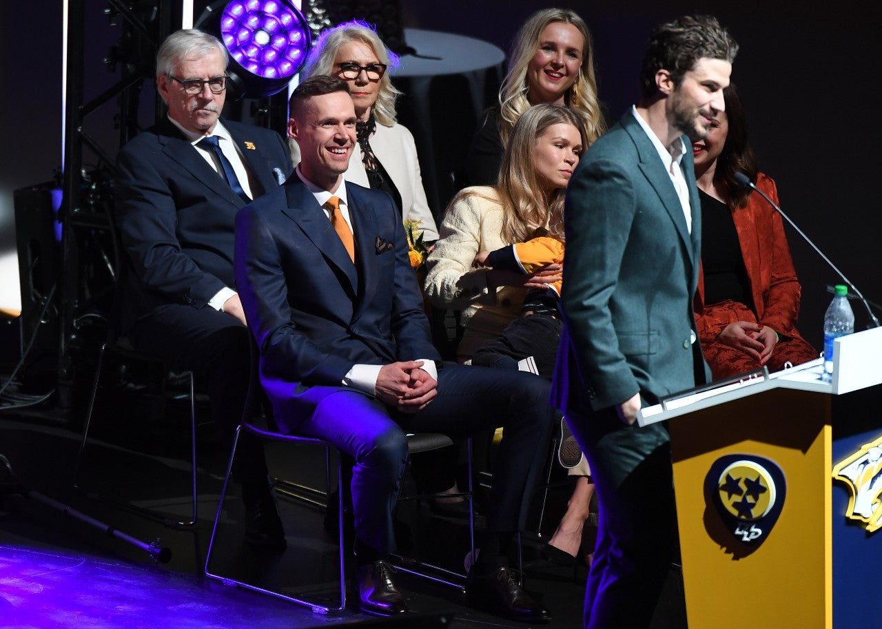Roman Josi gives a speech reflecting on his time with Pekka. Photo credit: Christopher Hanewinckel-USA TODAY Sports