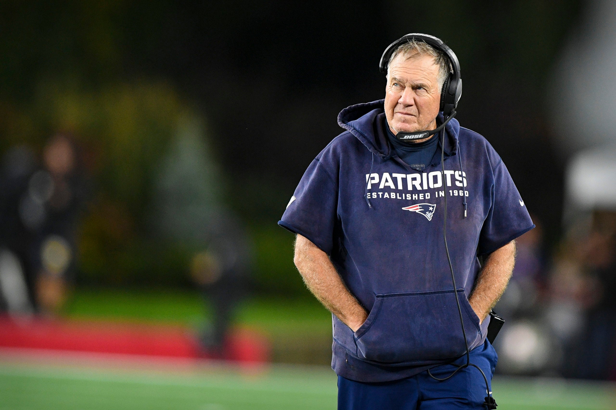 Oct 3, 2021; Foxboro, MA, USA; New England Patriots head coach Bill Belichick walks the sidelines during the second half against the Tampa Bay Buccaneers at Gillette Stadium.  Mandatory Credit: Brian Fluharty-USA TODAY Sports