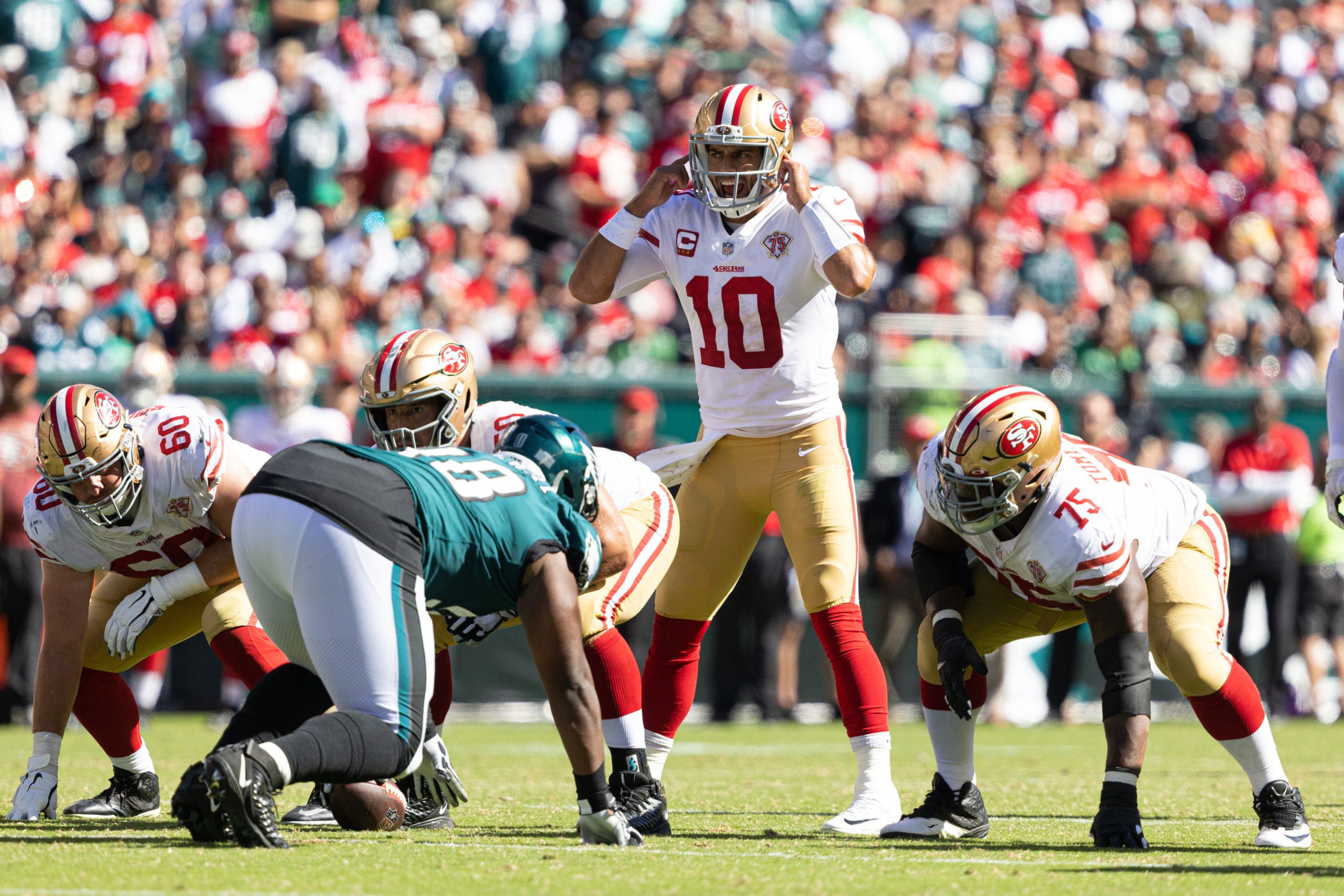 Sep 19, 2021; Philadelphia, Pennsylvania, USA; San Francisco 49ers quarterback Jimmy Garoppolo (10) audibles during the fourth quarter against the Philadelphia Eagles at Lincoln Financial Field. Mandatory Credit: Bill Streicher-USA TODAY Sports