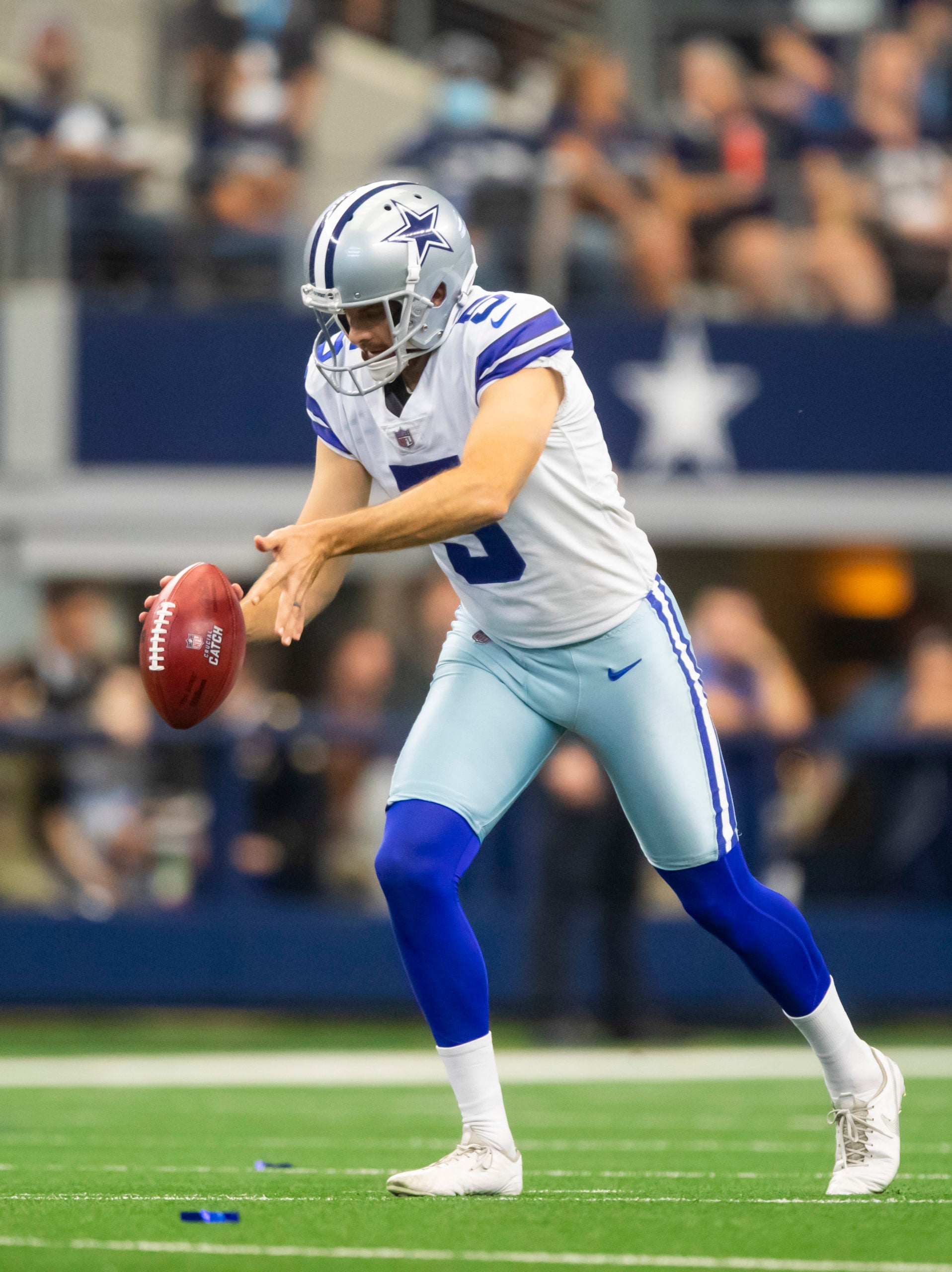 Oct 3, 2021; Arlington, Texas, USA; Dallas Cowboys punter Bryan Anger (5) against the Carolina Panthers at AT&T Stadium. Mandatory Credit: Mark J. Rebilas-USA TODAY Sports