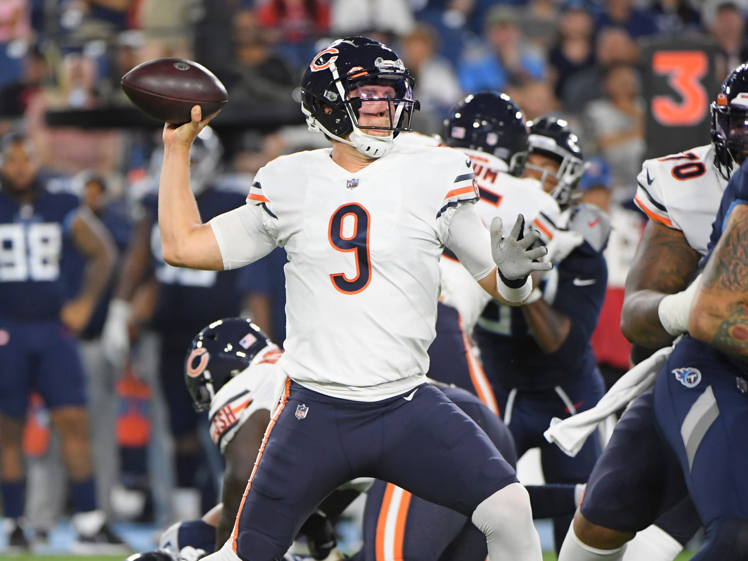 Aug 28, 2021; Nashville, TN, USA;  Chicago Bears quarterback Nick Foles (9) throws a pass against the Tennessee Titans. during the second half at Nissan Stadium. Mandatory Credit: Steve Roberts-USA TODAY Sports