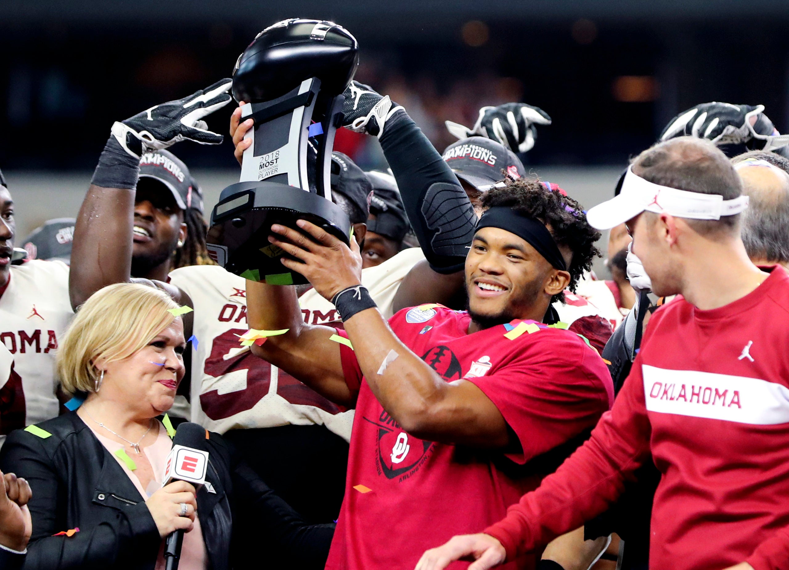 Dec 1, 2018; Arlington, TX, USA; Oklahoma Sooners quarterback Kyler Murray (1) celebrates after being named the most outstanding player against the Texas Longhorns in the Big 12 Championship game at AT&T Stadium. Mandatory Credit: Kevin Jairaj-USA TODAY Sports