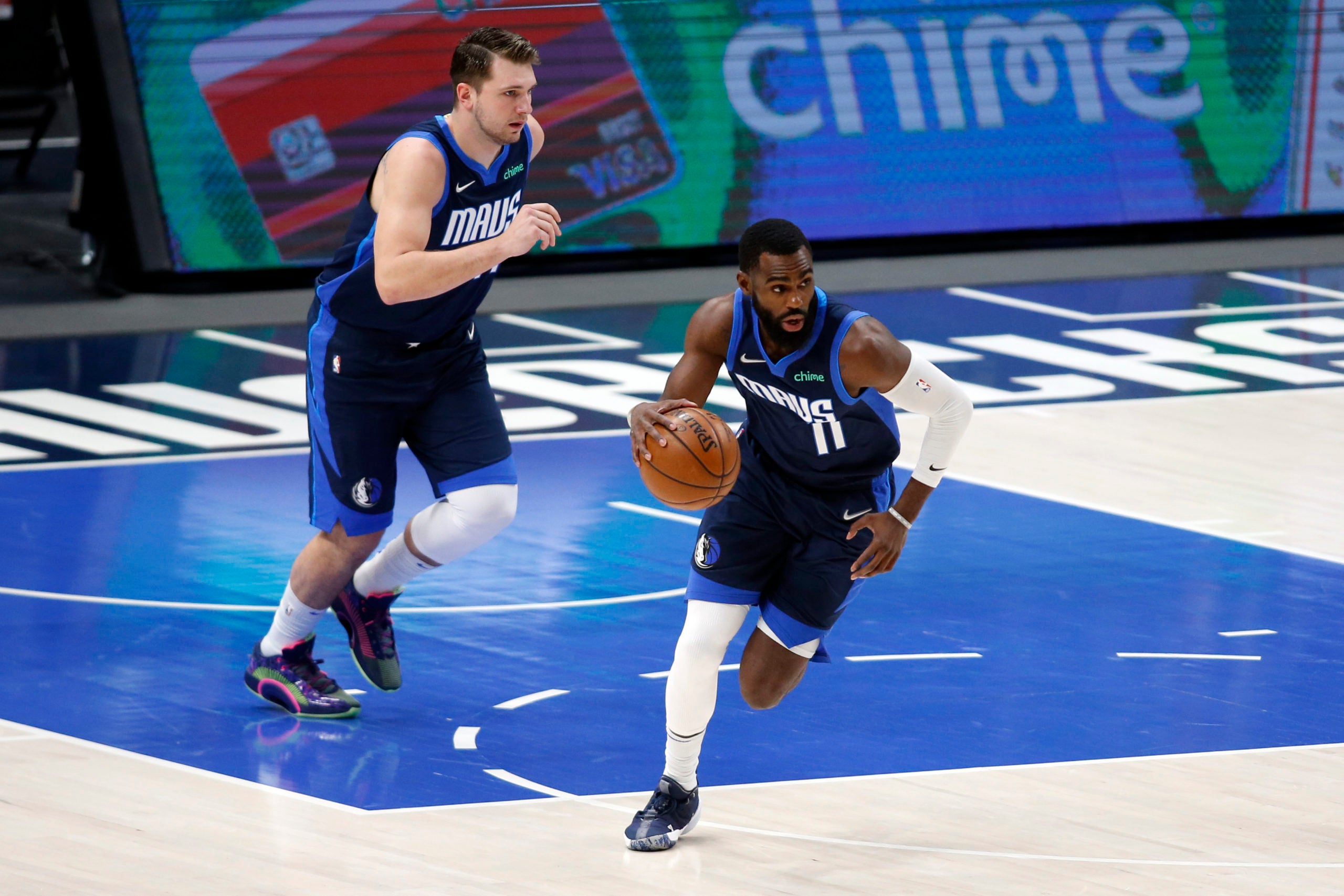 May 7, 2021; Dallas, Texas, USA; Dallas Mavericks forward Tim Hardaway Jr. (11) dribbles up court during the first quarter against the Cleveland Cavaliers at American Airlines Center. Mandatory Credit: Tim Heitman-USA TODAY Sports