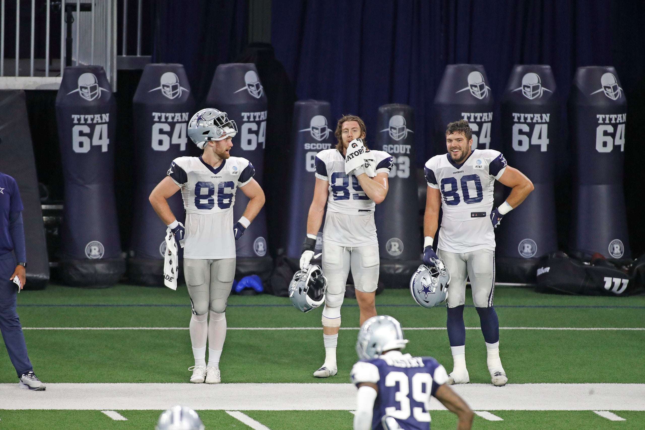 Aug 24, 2020; Frisco, TX, USA;  Dallas Cowboys players Dalton Schultz , Blake Jarwin and Blake Bell during training camp at Ford Center at The Star in Frisco, Texas.   Mandatory Credit: James D. Smith via USA TODAY Sports