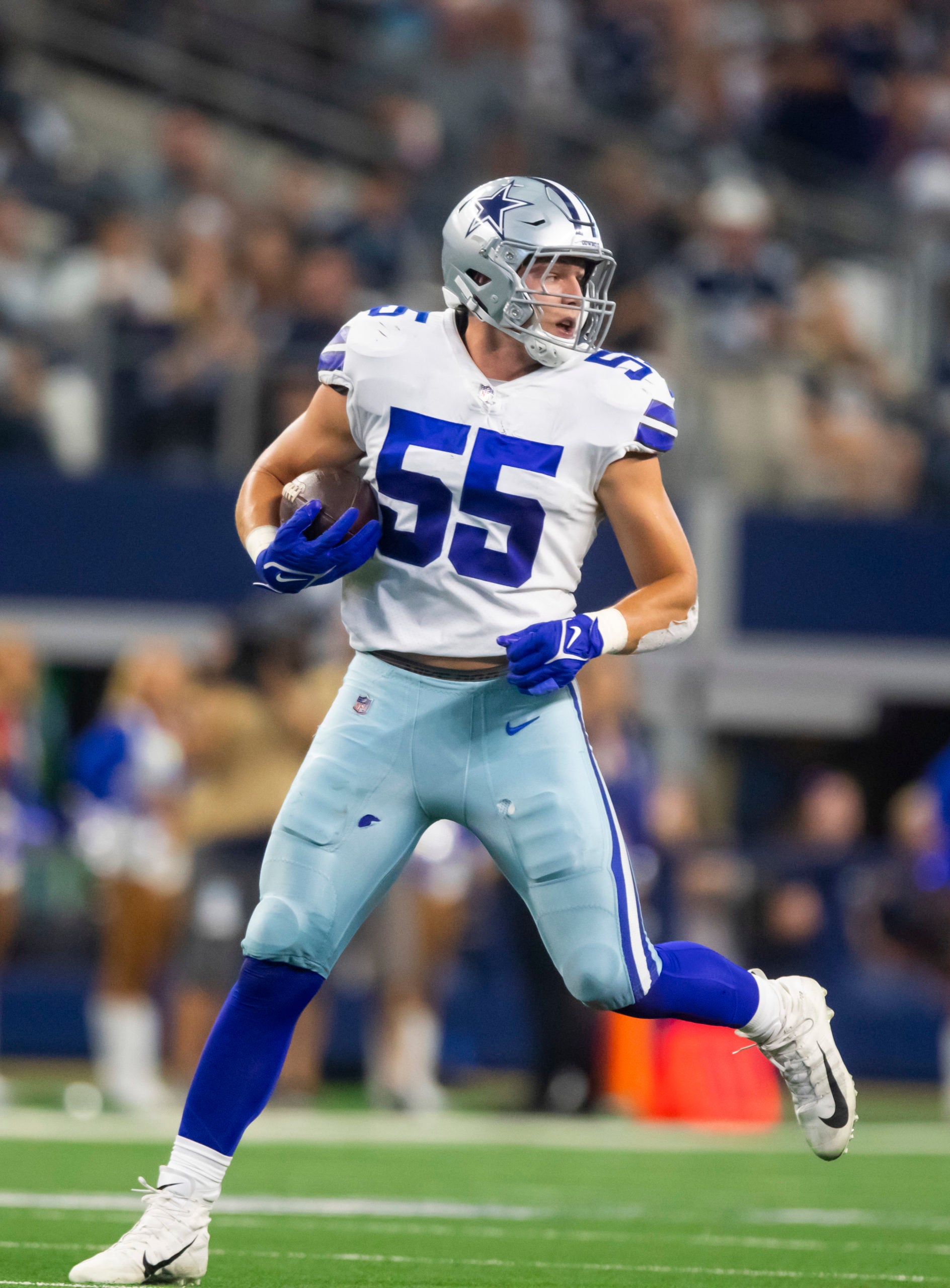 Oct 3, 2021; Arlington, Texas, USA; Dallas Cowboys linebacker Leighton Vander Esch (55) against the Carolina Panthers at AT&T Stadium. Mandatory Credit: Mark J. Rebilas-USA TODAY Sports