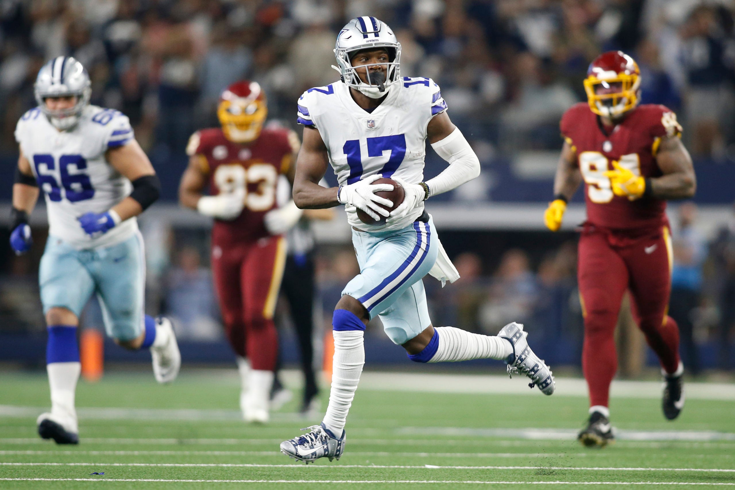 Dec 26, 2021; Arlington, Texas, USA; Dallas Cowboys wide receiver Malik Turner (17) run with the ball after making a catch in against the Washington Football Team at AT&T Stadium. Mandatory Credit: Tim Heitman-USA TODAY Sports