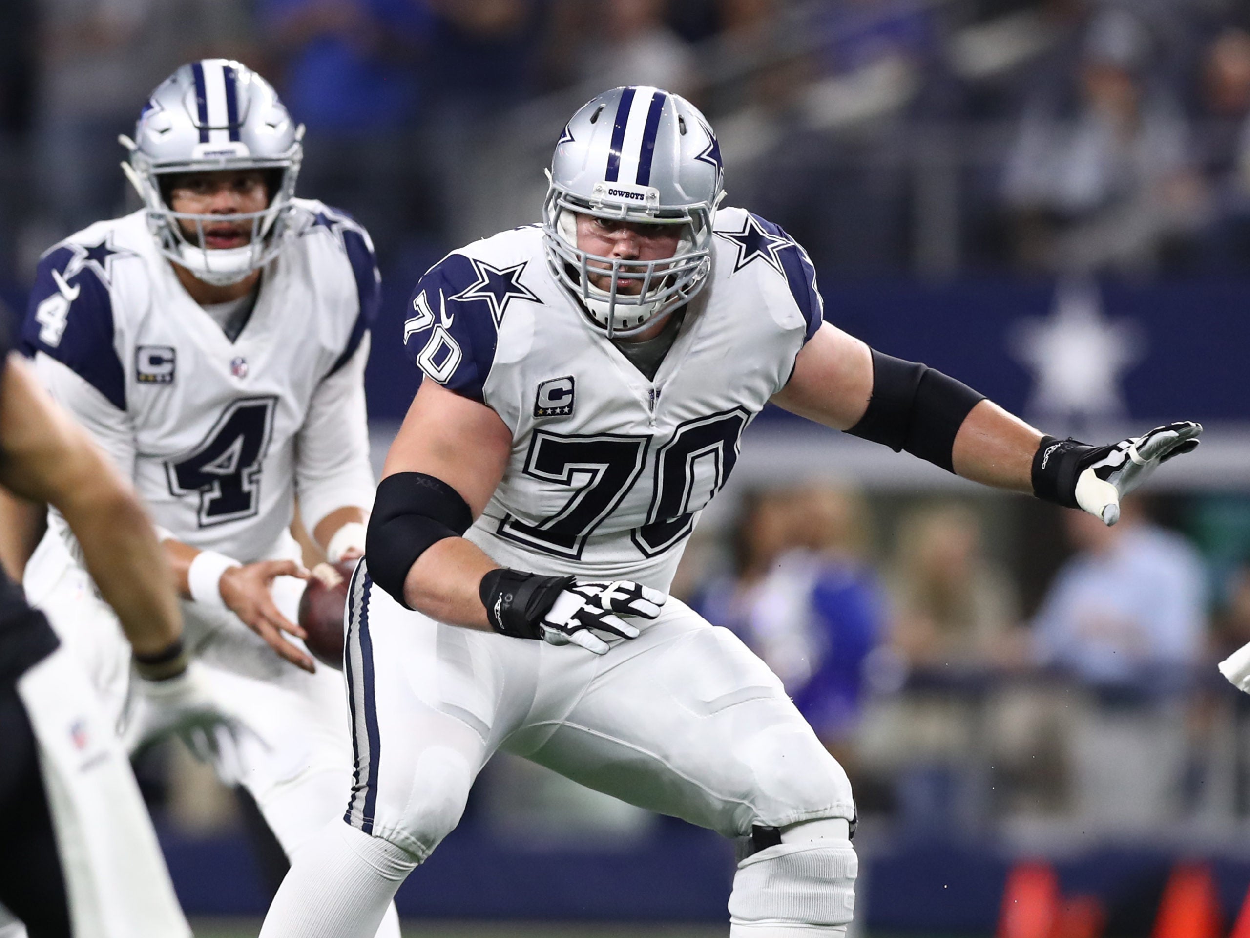 Nov 29, 2018; Arlington, TX, USA; Dallas Cowboys guard Zack Martin (70) in action against the New Orleans Saints at AT&T Stadium. Mandatory Credit: Matthew Emmons-USA TODAY Sports
