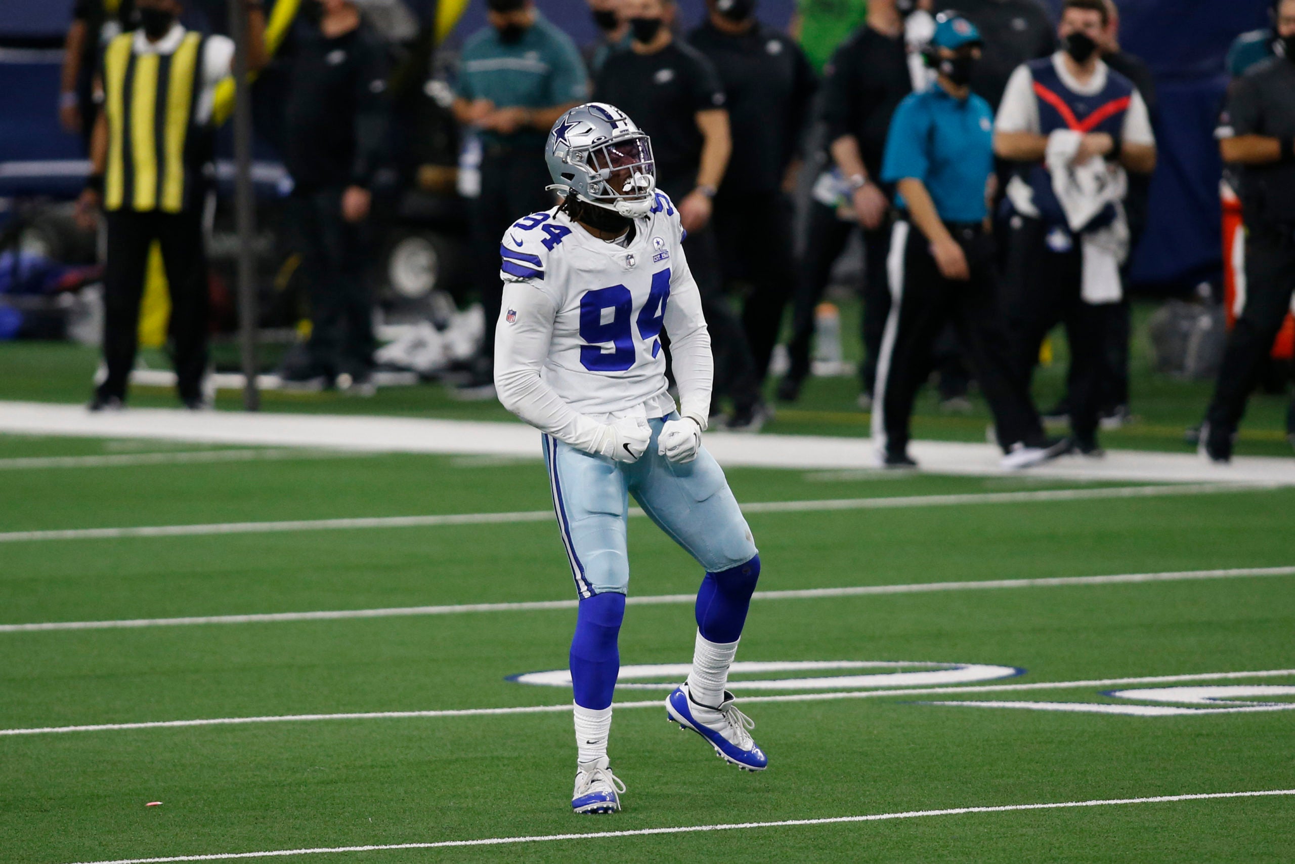 Dec 27, 2020; Arlington, Texas, USA; Dallas Cowboys defensive end Randy Gregory (94) reacts after a sack in the third quarter against the Philadelphia Eagles at AT&T Stadium. Mandatory Credit: Tim Heitman-USA TODAY Sports