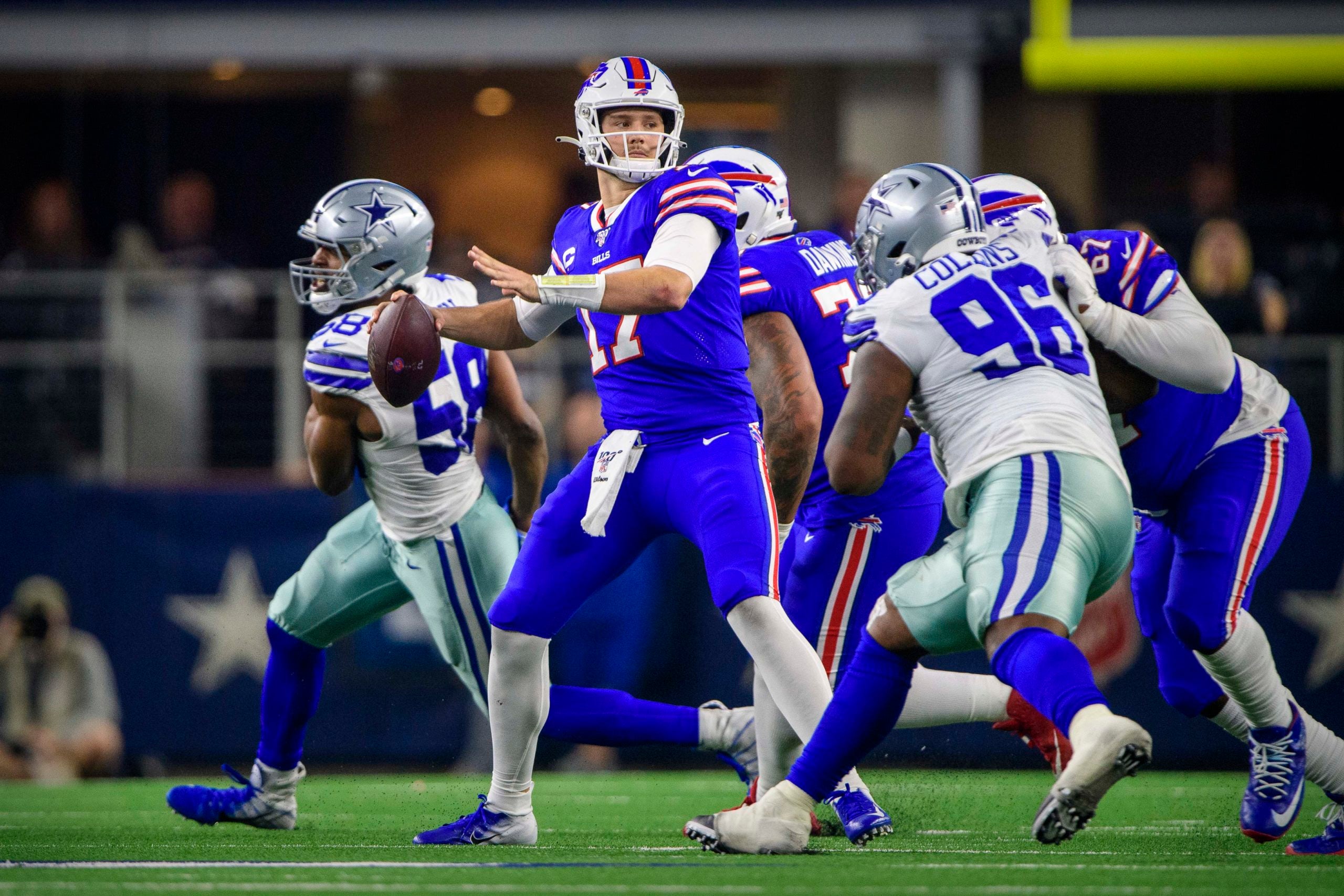 Nov 28, 2019; Arlington, TX, USA; Buffalo Bills quarterback Josh Allen (17) drops back to pass against the Dallas Cowboys during the second quarter at AT&T Stadium. Mandatory Credit: Jerome Miron-USA TODAY Sports