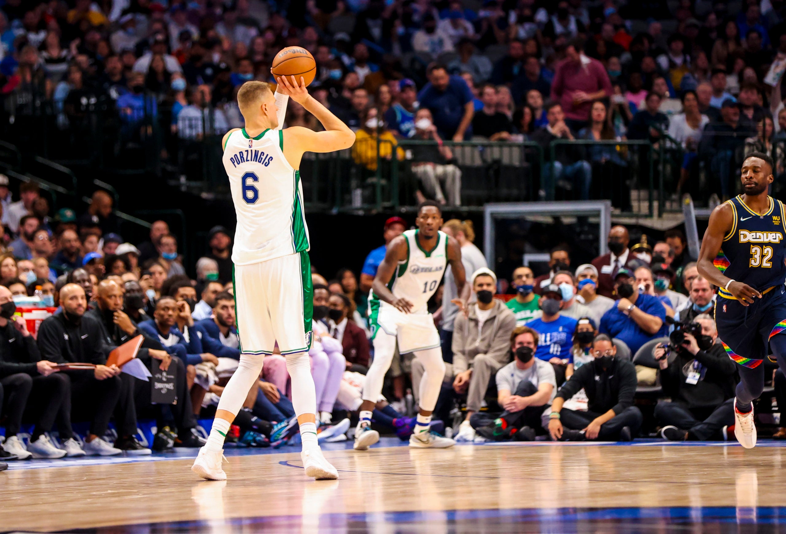 Nov 15, 2021; Dallas, Texas, USA;  Dallas Mavericks center Kristaps Porzingis (6) shoots during the second half against the Denver Nuggets at American Airlines Center. Mandatory Credit: Kevin Jairaj-USA TODAY Sports