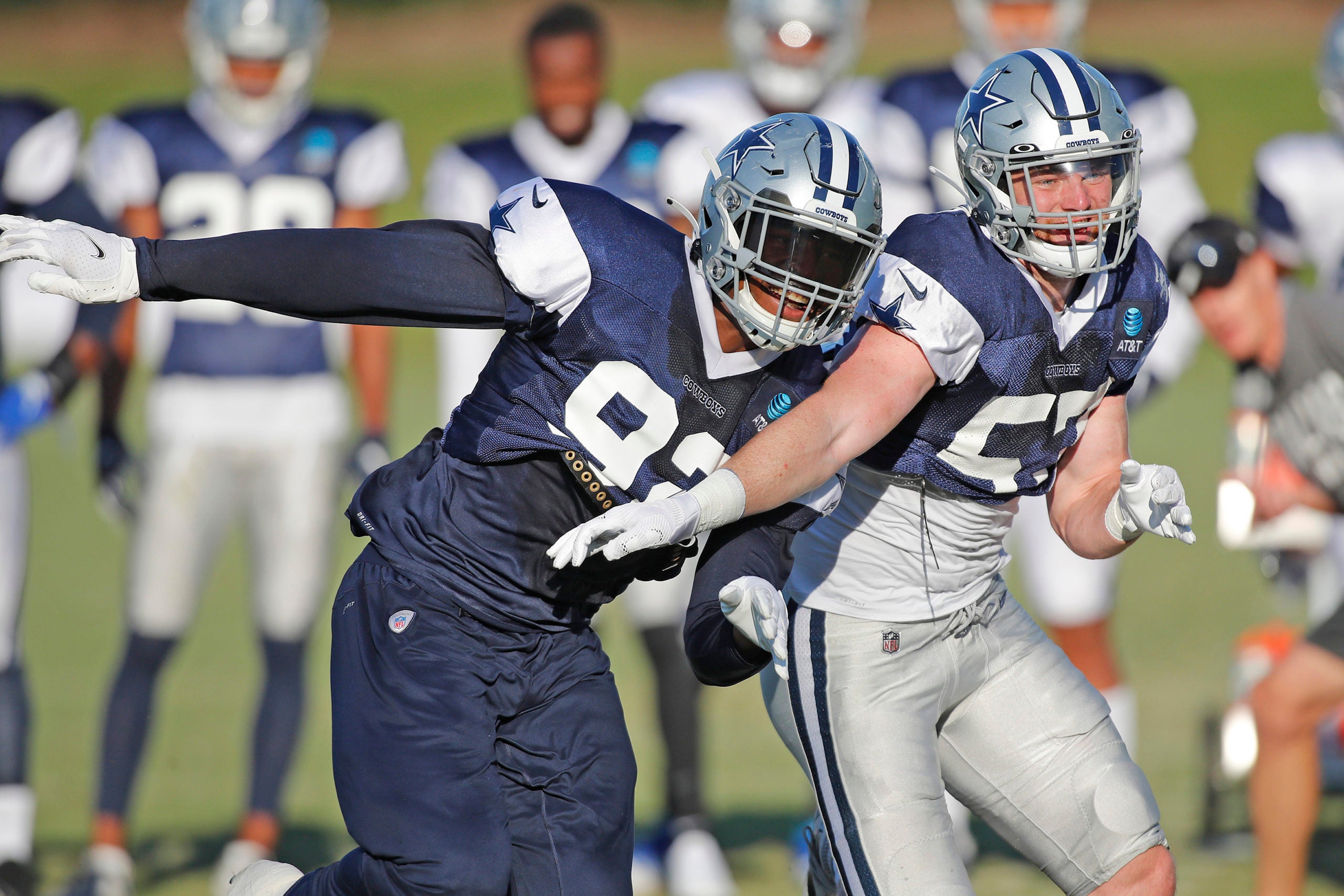 Aug 21, 2020; Frisco, TX, USA; Dorance Armstrong (92) and Luke Gifford (57) of the Dallas Cowboys during training camp at Ford Center at The Star in Frisco, Texas. Mandatory credit: Hand out James D. Smith/Dallas Cowboys/Handout photo-USA TODAY Sports