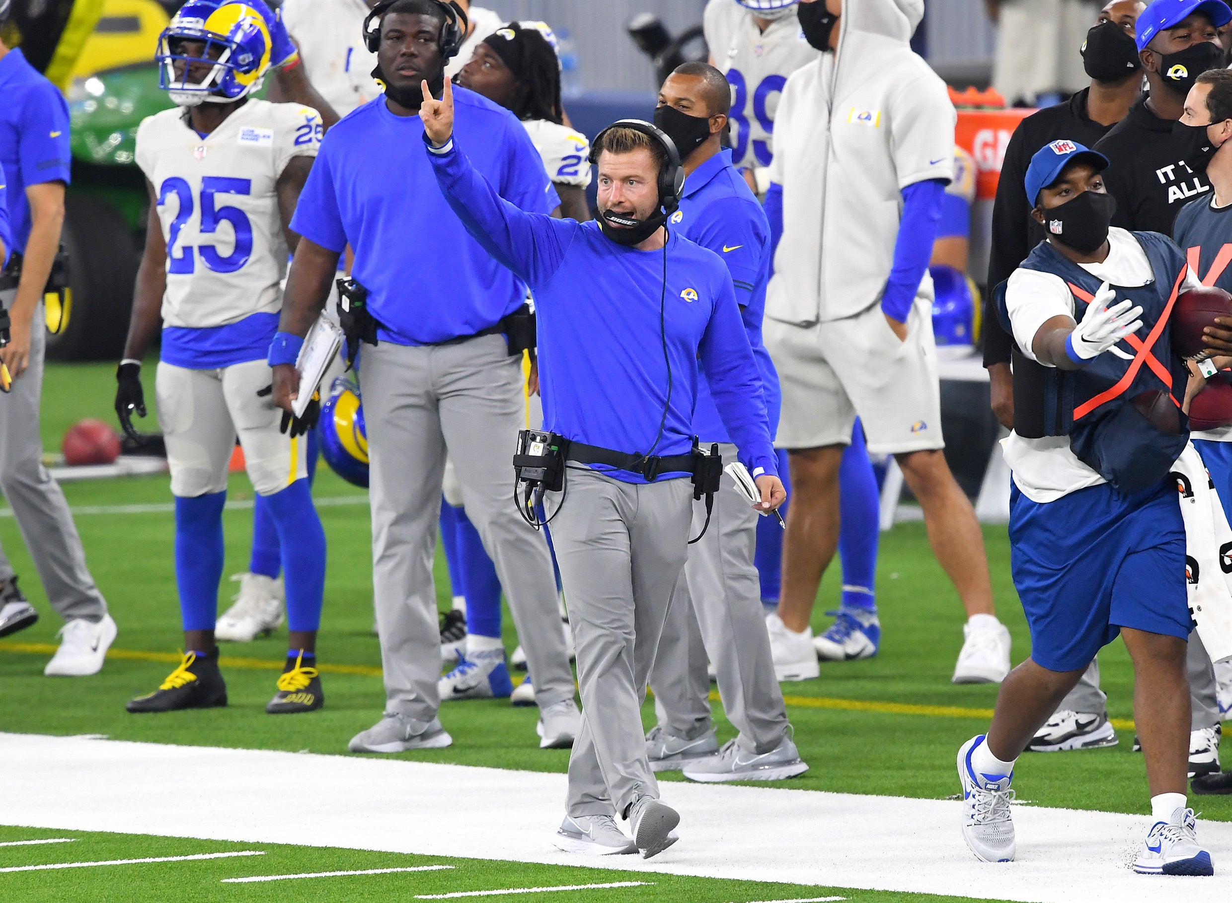 Sep 13, 2020; Inglewood, California, USA; Los Angeles Rams head coach Sean McVay calls a play in the fourth quarter of the game against the Dallas Cowboys at SoFi Stadium. Mandatory Credit: Jayne Kamin-Oncea-USA TODAY Sports