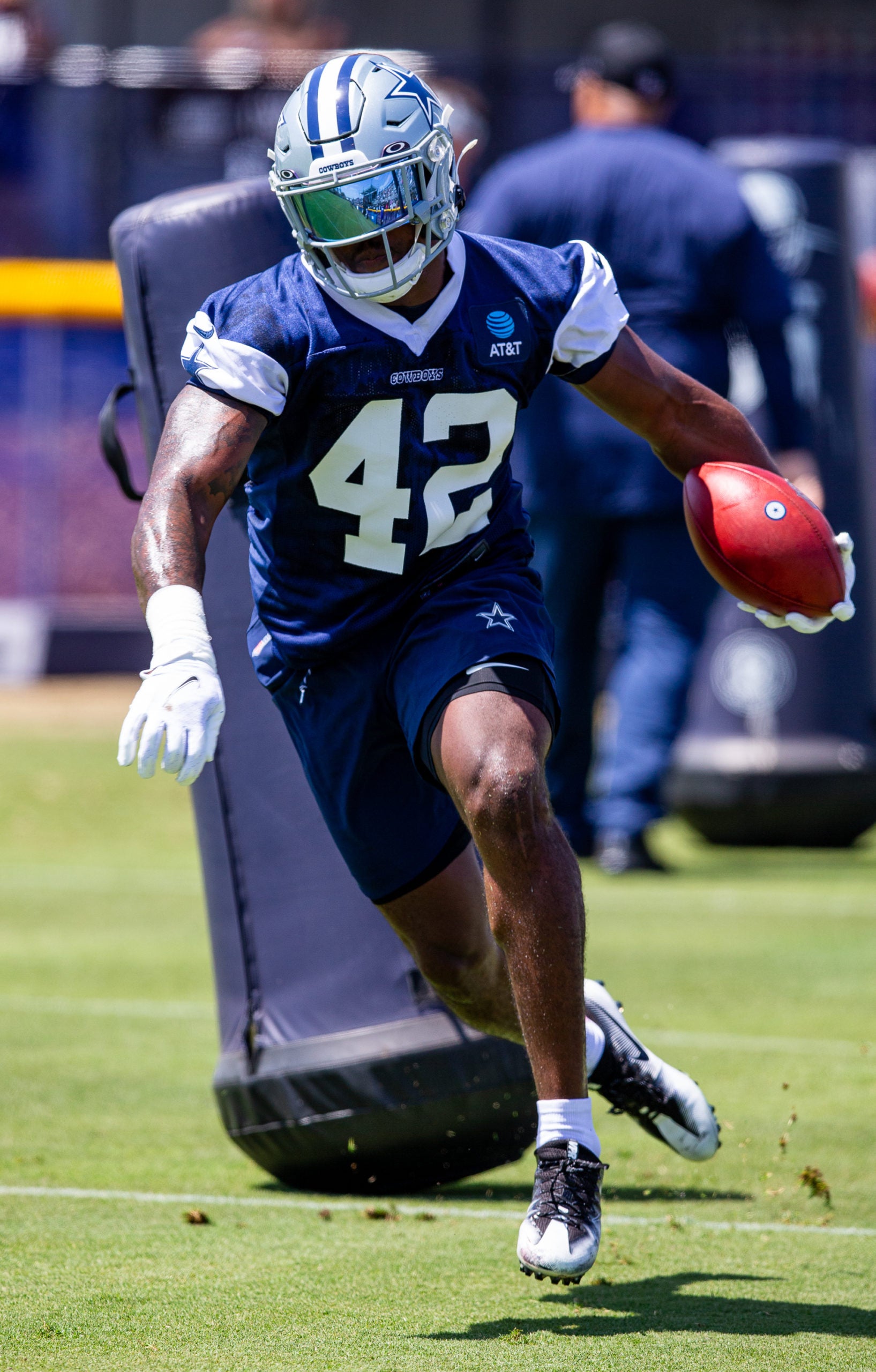 Jul 22, 2021; Oxnard, CA, USA; Dallas Cowboys safety Keanu Neal (42) during training camp practice at the Marriott Residence Inn. Mandatory Credit: Jason Parkhurst-USA TODAY Sports