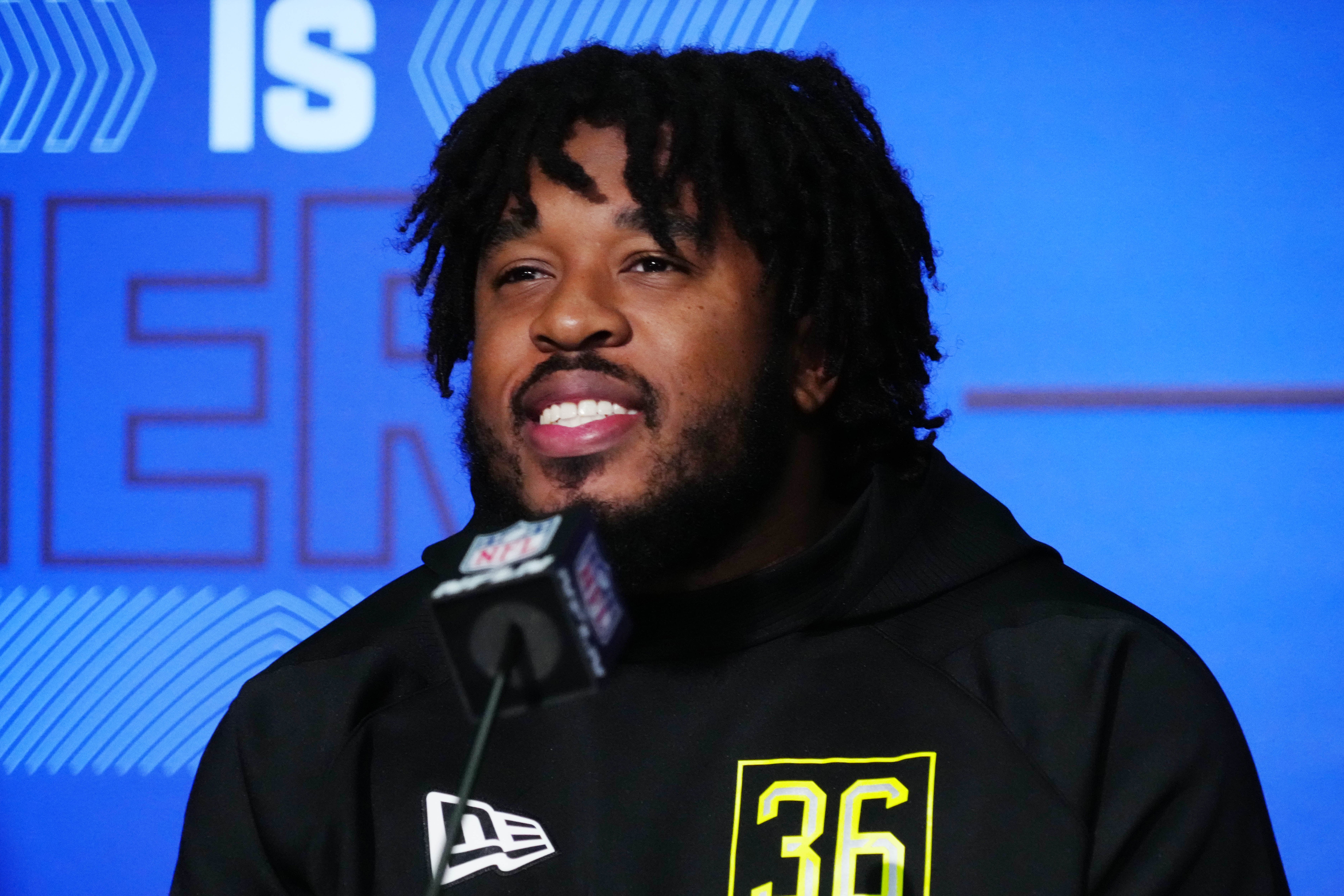 Mar 3, 2022; Indianapolis, IN, USA; Memphis offensive lineman Dylan Parham during the NFL Scouting Combine at the Indiana Convention Center. Mandatory Credit: Kirby Lee-USA TODAY Sports