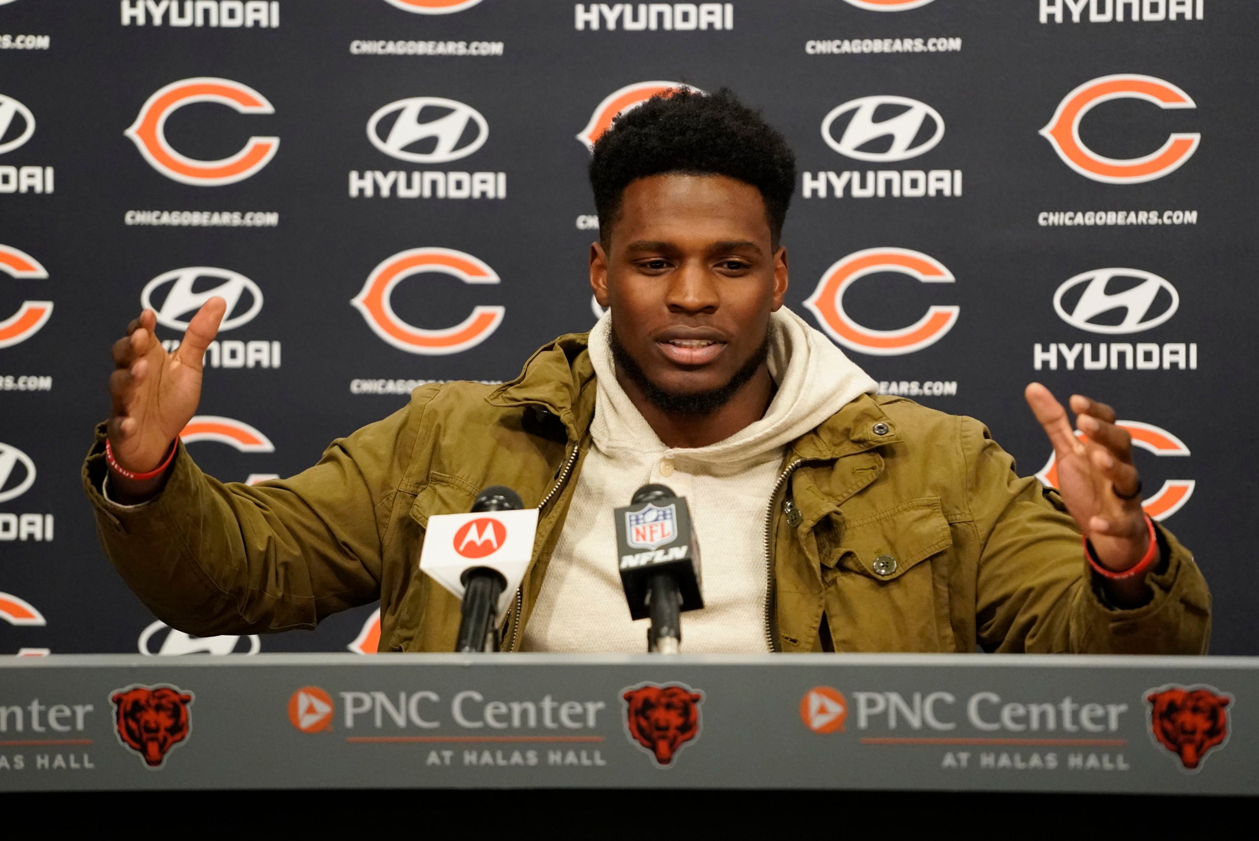 Mar 18, 2022; Lake Forest, IL, USA; Nicholas Morrow speaks to the media as he has agreed to a free agent contract with the Chicago Bears. He played for the Las Vegas Raiders last year. Mandatory Credit: David Banks-USA TODAY Sports