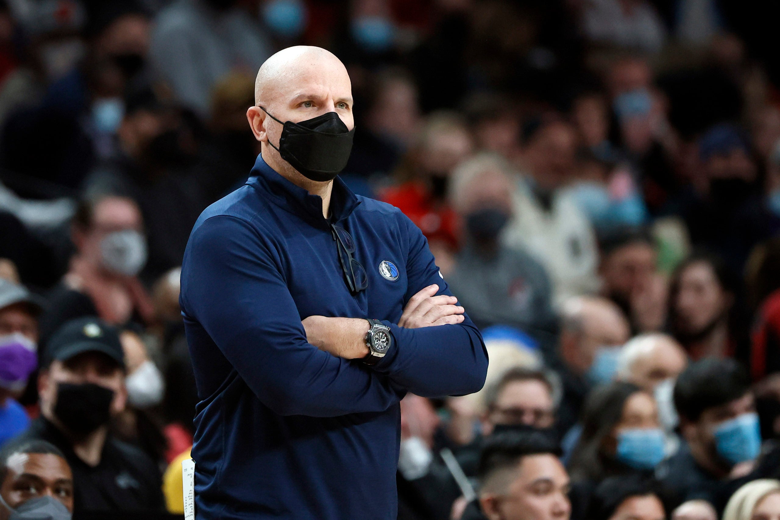 Jan 26, 2022; Portland, Oregon, USA; Dallas Mavericks head coach Jason Kidd watches from the sideline during the second half against the Portland Trail Blazers at Moda Center. Mandatory Credit: Soobum Im-USA TODAY Sports