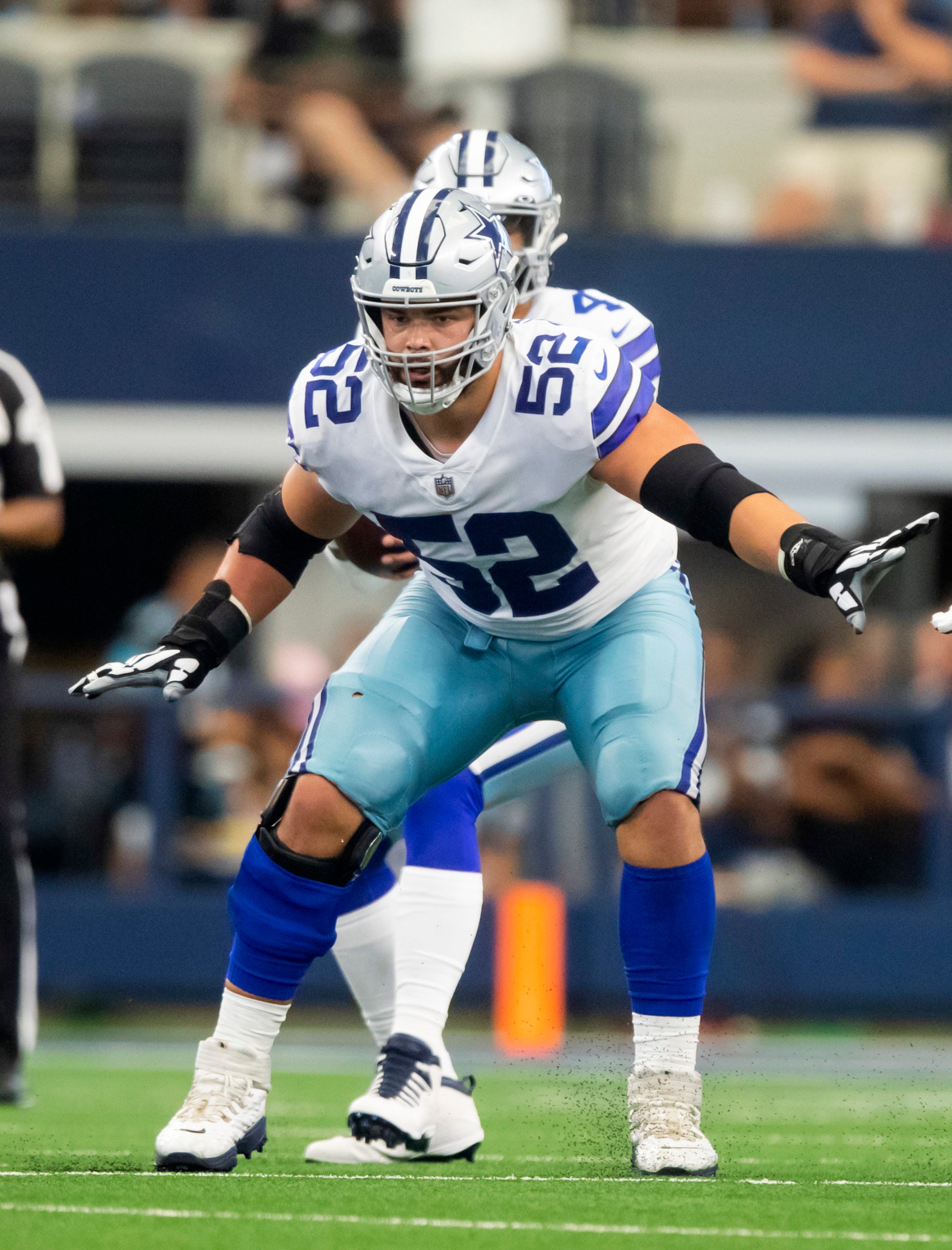 Oct 3, 2021; Arlington, Texas, USA; Dallas Cowboys guard Connor Williams (52) against the Carolina Panthers at AT&T Stadium. Mandatory Credit: Mark J. Rebilas-USA TODAY Sports