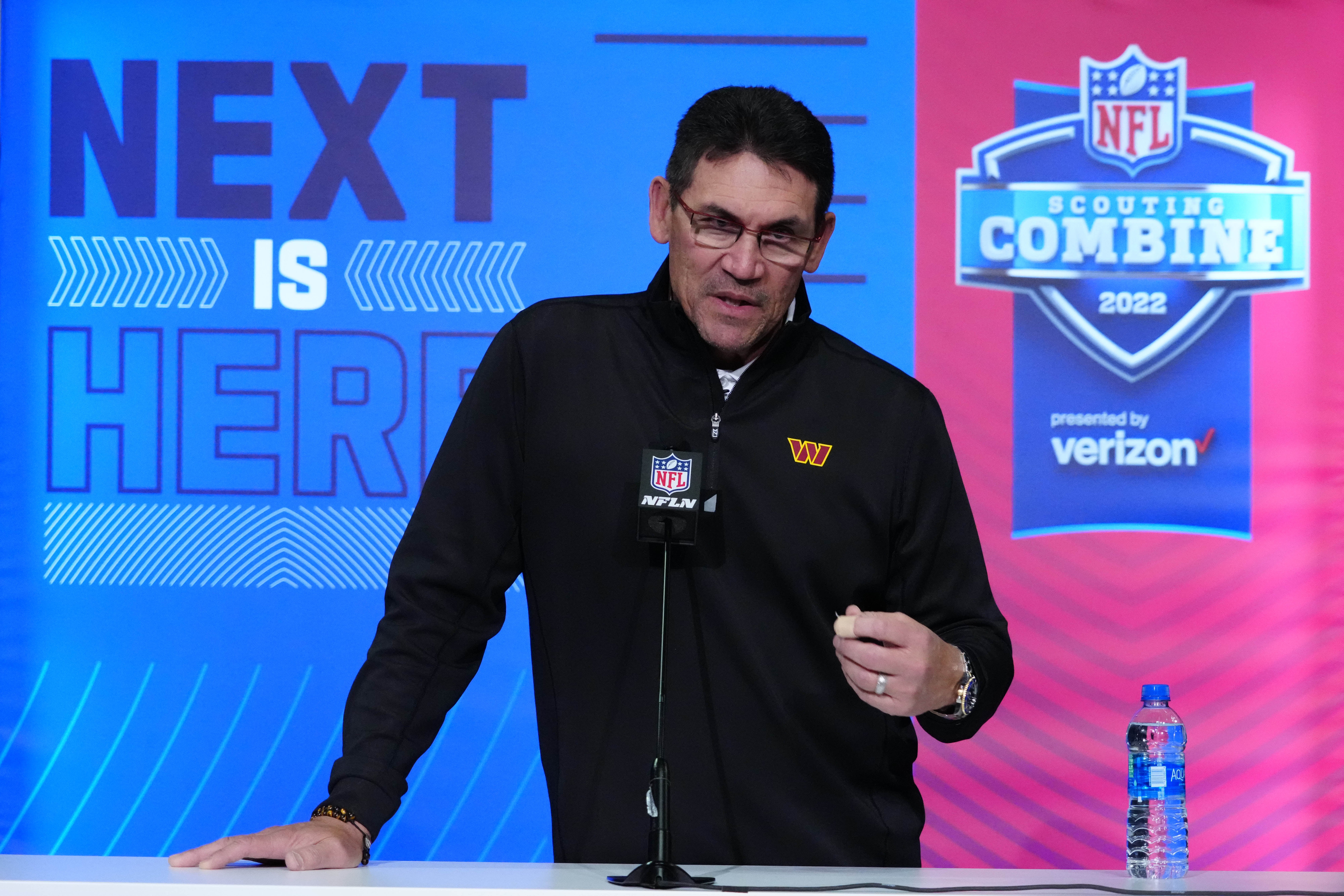 Mar 1, 2022; Indianapolis, IN, USA; Washington Commanders coach Ron Rivera during the NFL Combine at the Indiana Convention Center. Mandatory Credit: Kirby Lee-USA TODAY Sports
