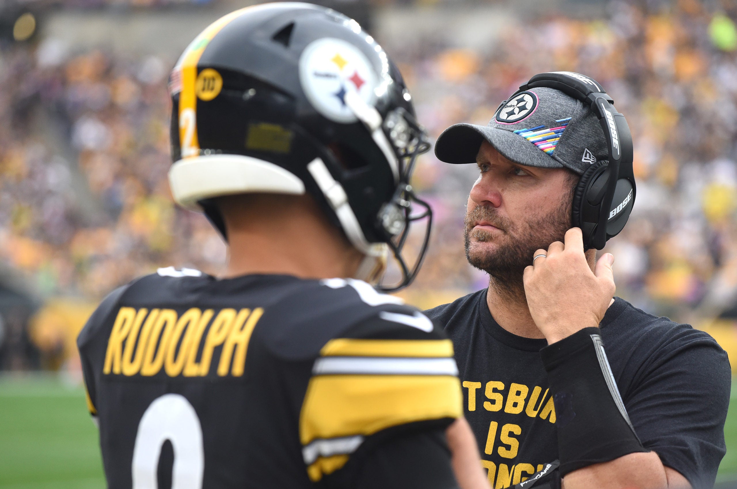 Oct 6, 2019; Pittsburgh, PA, USA; Pittsburgh Steelers quarterback Mason Rudolph (2) and injured quarterback Ben Roethlisberger watch over a play against the Baltimore Ravens at Heinz Field. Mandatory Credit: Philip G. Pavely-USA TODAY Sports