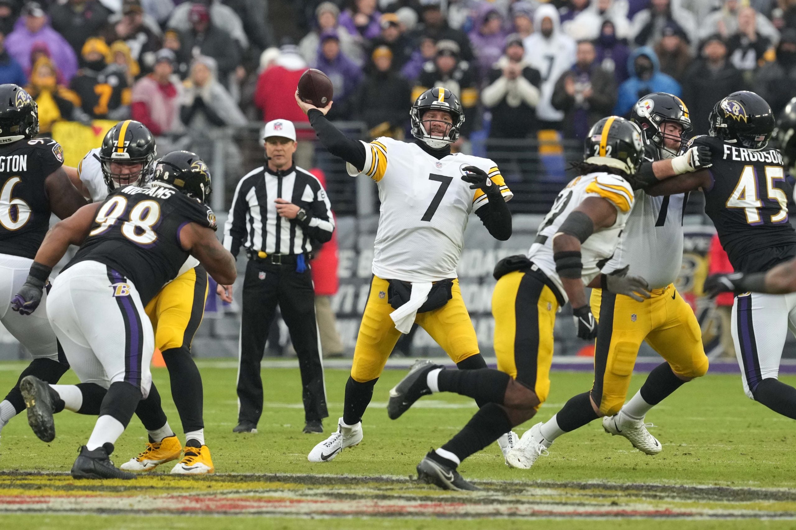 Jan 9, 2022; Baltimore, Maryland, USA; Pittsburgh Steelers quarterback Ben Roethlisberger (7) throws in the fourth quarter against the Baltimore Ravens at M&T Bank Stadium. Mandatory Credit: Mitch Stringer-USA TODAY Sports