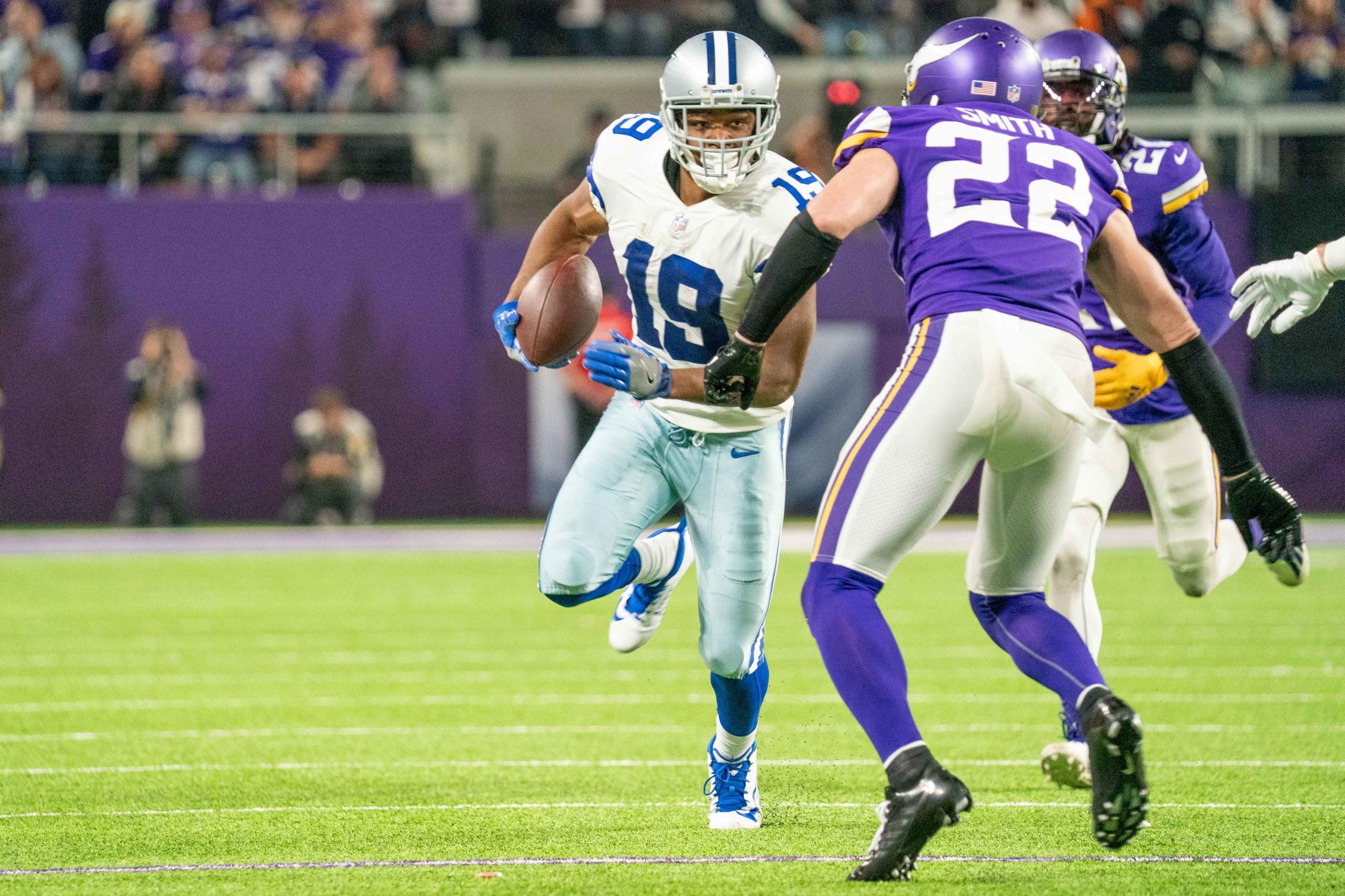 Oct 31, 2021; Minneapolis, Minnesota, USA; Dallas Cowboys wide receiver Amari Cooper (19) prepares to meet Minnesota Vikings safety Harrison Smith (22) at U.S. Bank Stadium. Mandatory Credit: Matt Blewett-USA TODAY Sports