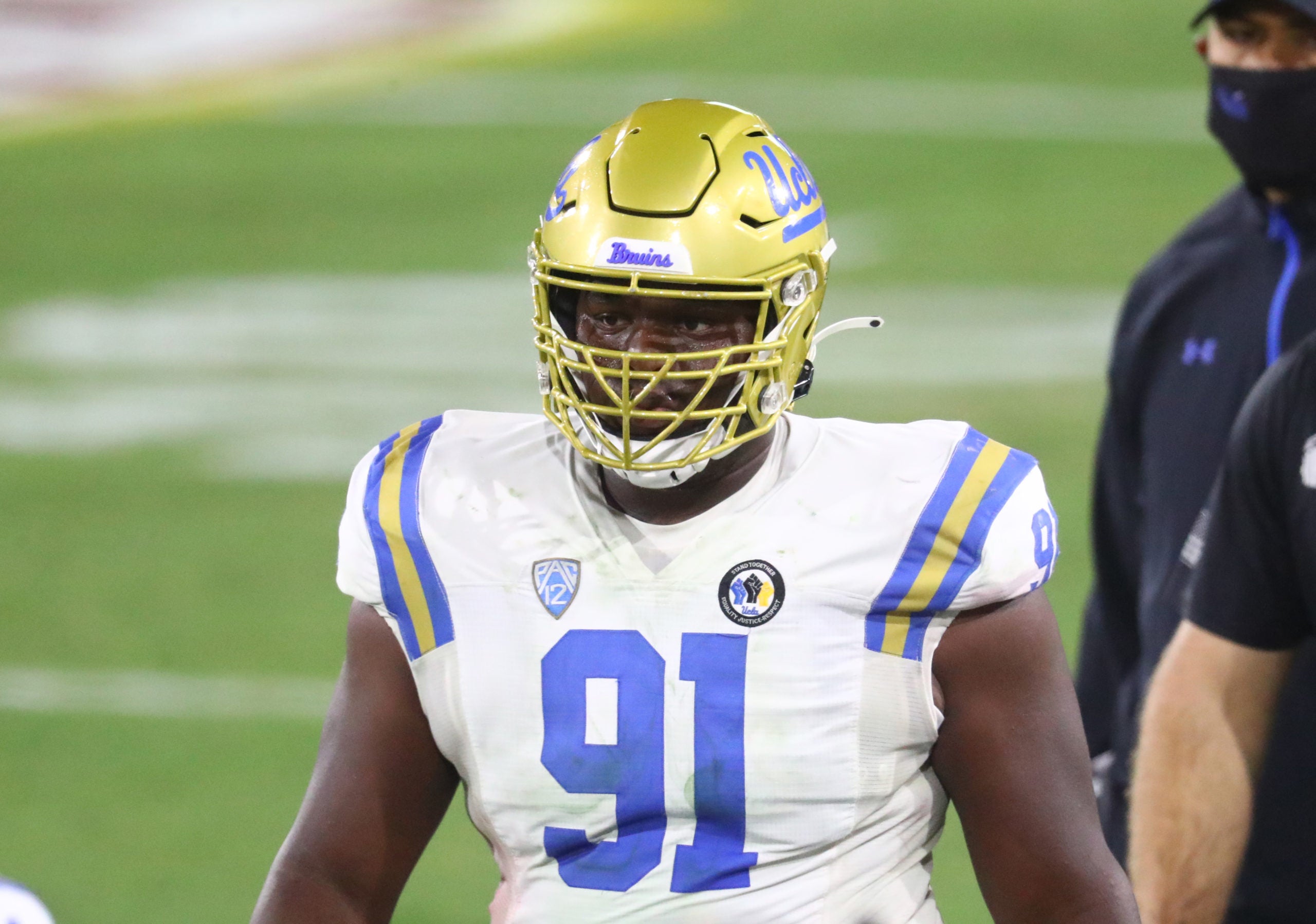 Dec 5, 2020; Tempe, Arizona, USA; UCLA Bruins offensive defensive lineman Otito Ogbonnia (91) against the Arizona State Sun Devils at Sun Devil Stadium. Mandatory Credit: Mark J. Rebilas-USA TODAY Sports