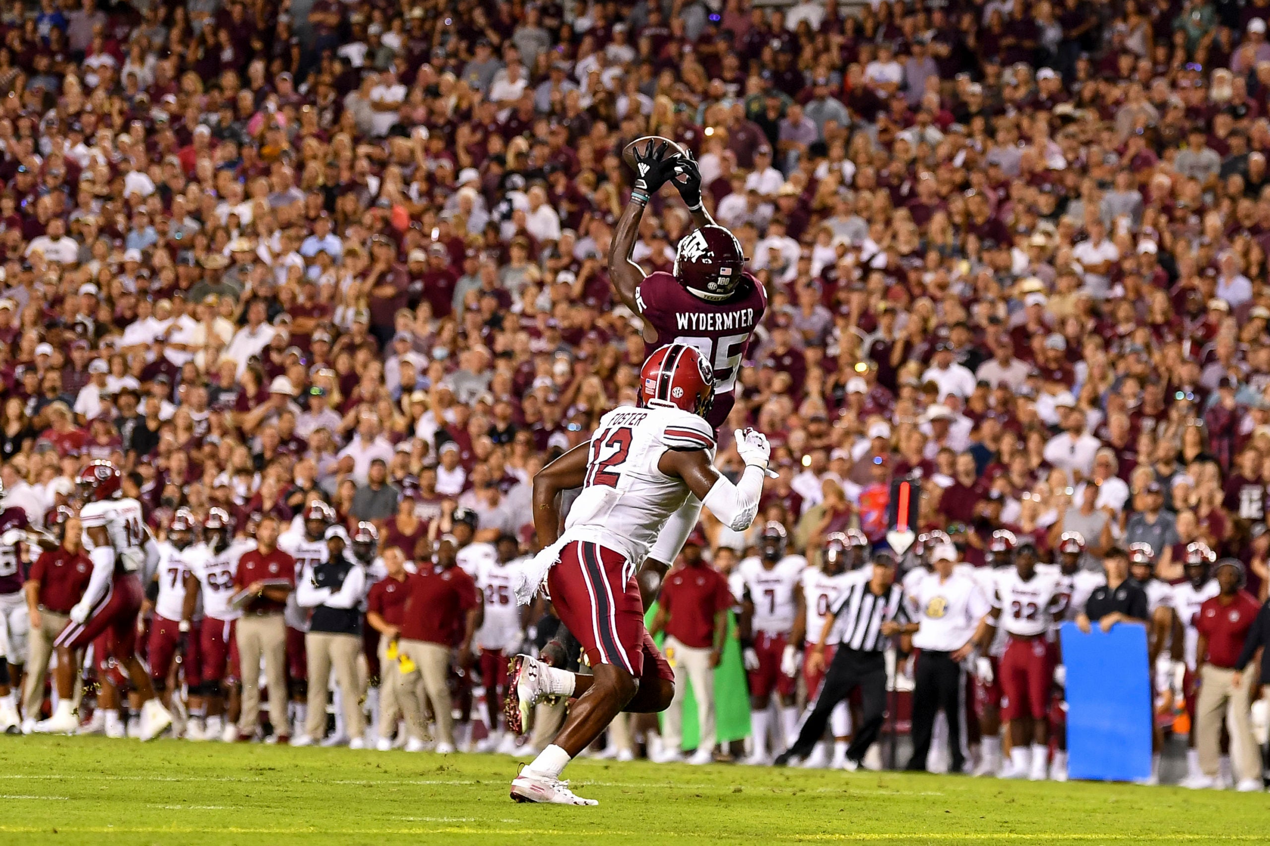 Oct 23, 2021; College Station, Texas, USA;  Texas A&M Aggies tight end Jalen Wydermyer (85) catches a pass during the first quarter against the South Carolina Gamecocks at Kyle Field. Mandatory Credit: Maria Lysaker-USA TODAY Sports