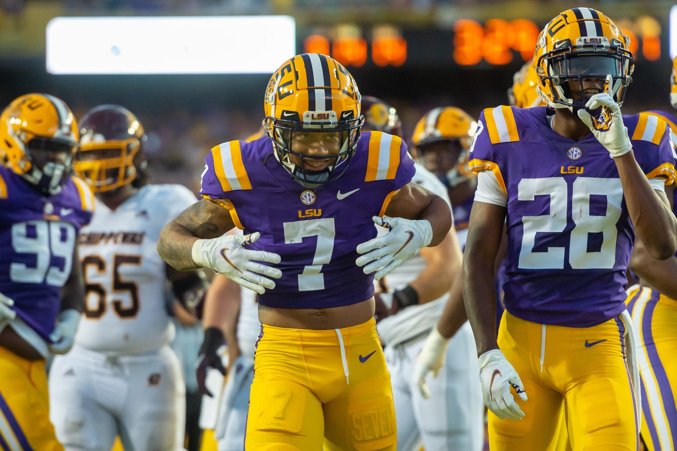 Derek Stingley Jr. celebrates after making a tackle as The LSU Tigers take on Central Michigan Chippewas in Tiger Stadium. Saturday, Sept. 18, 2021. Lsu Vs Central Michigan V1 4108