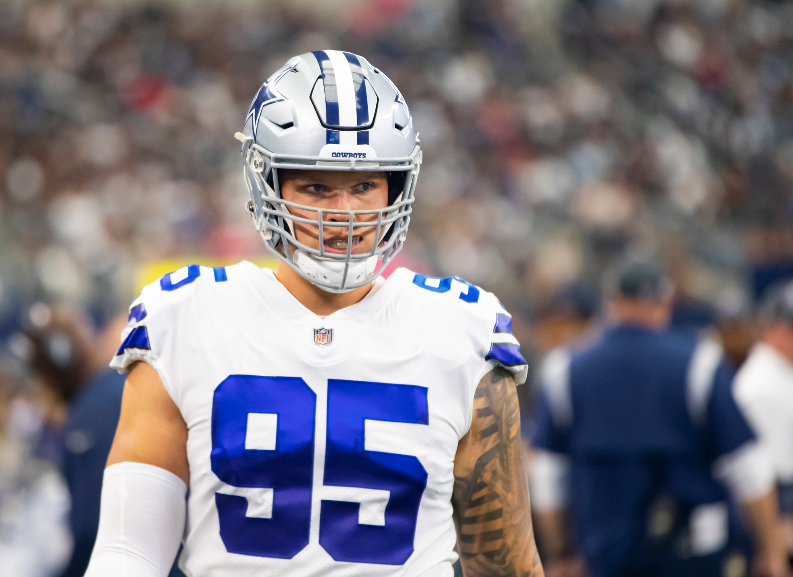 Oct 3, 2021; Arlington, Texas, USA; Dallas Cowboys defensive end Brent Urban (95) against the Carolina Panthers at AT&T Stadium. Mandatory Credit: Mark J. Rebilas-USA TODAY Sports