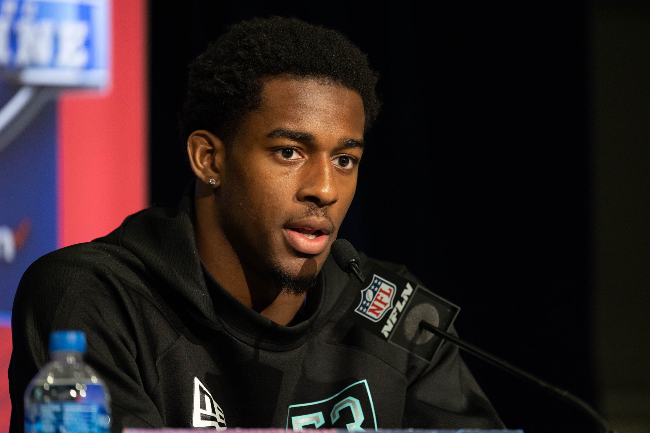 Mar 5, 2022; Indianapolis, IN, USA; Michigan defensive back Dax Hill (DB53) talks to the media during the 2022 NFL Scouting Combine at Lucas Oil Stadium. Mandatory Credit: Trevor Ruszkowski-USA TODAY Sports