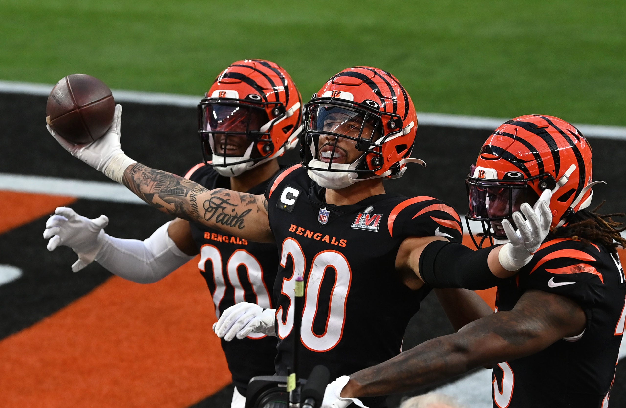Feb 13, 2022; Inglewood, California, USA; Cincinnati Bengals cornerback Jessie Bates (30) celebrates an interception against the Los Angeles Rams in the second quarter of Super Bowl LVI at SoFi Stadium. Mandatory Credit: Gary A. Vasquez-USA TODAY Sports