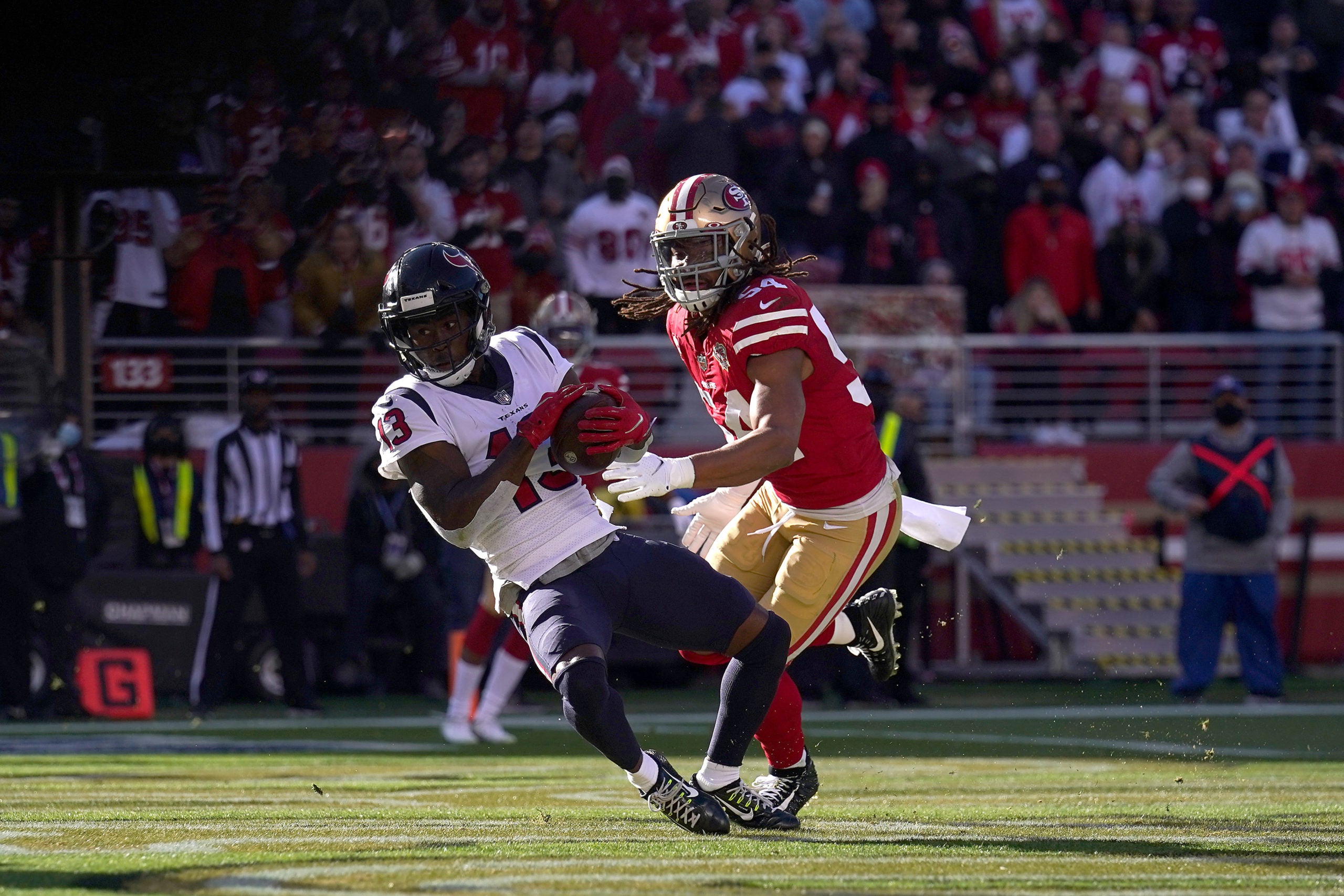 Jan 2, 2022; Santa Clara, California, USA; Houston Texans wide receiver Brandin Cooks (13) catches a touchdown in front of San Francisco 49ers middle linebacker Fred Warner (54) in the second quarter at Levi's Stadium. Mandatory Credit: Cary Edmondson-USA TODAY Sports