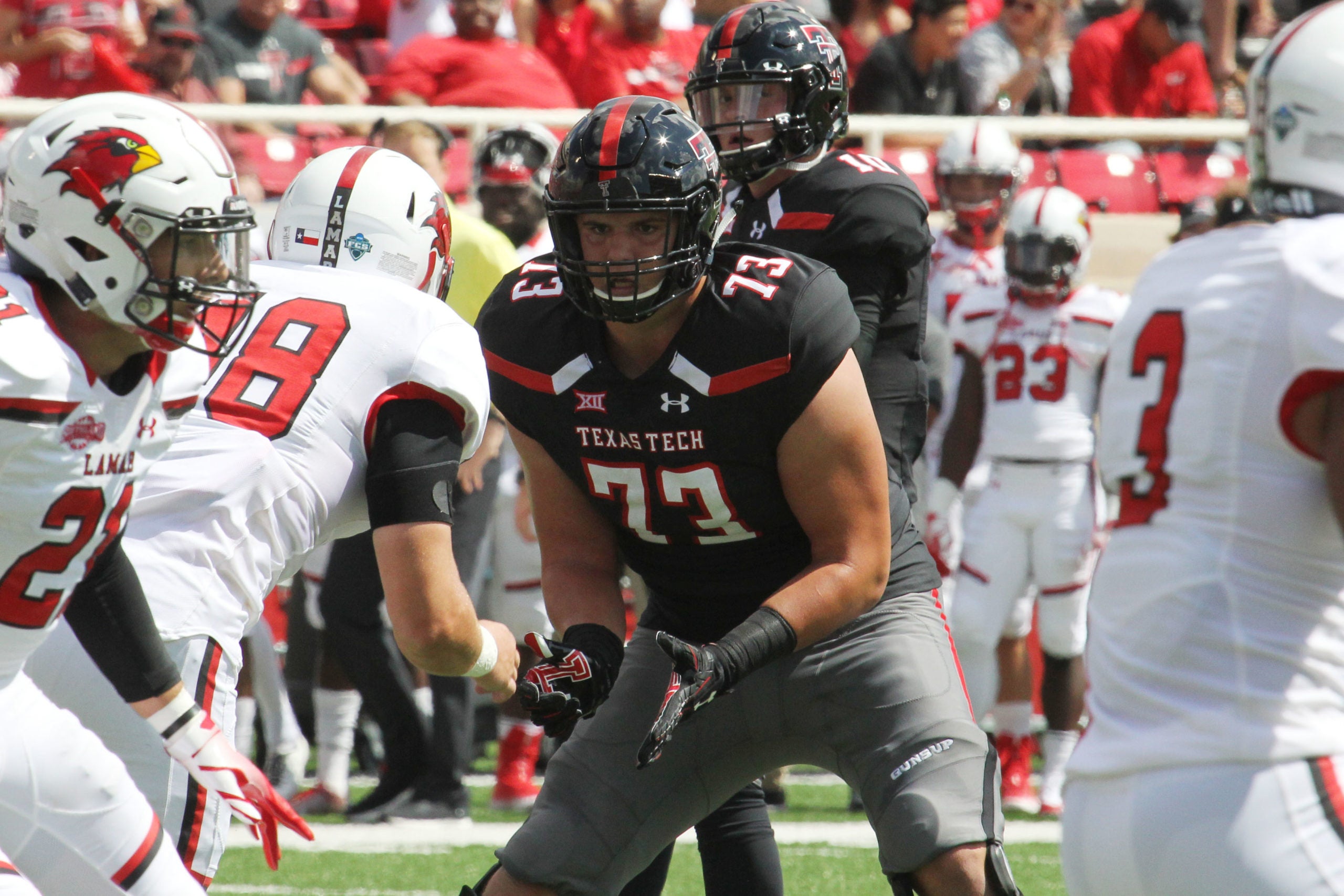Sep 8, 2018; Lubbock, TX, USA; Texas Tech Red Raiders offensive lineman Dawson Deaton (73) during the game against the Lamar Cardinals at Jones AT&T Stadium. Mandatory Credit: Michael C. Johnson-USA TODAY Sports