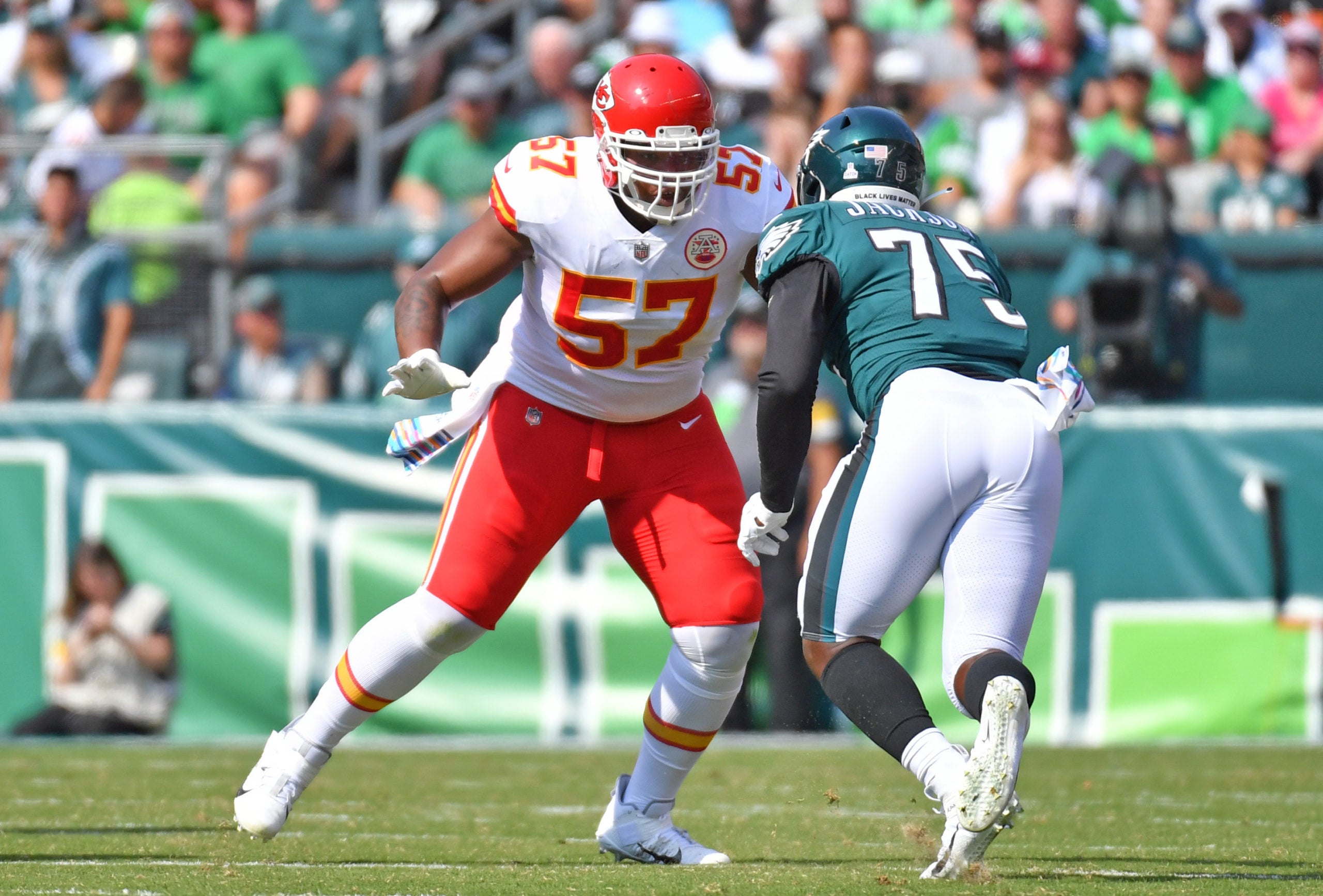 Oct 3, 2021; Philadelphia, Pennsylvania, USA; Kansas City Chiefs offensive tackle Orlando Brown (57) prepares to block Philadelphia Eagles defensive end Tarron Jackson (75) at Lincoln Financial Field. Mandatory Credit: Eric Hartline-USA TODAY Sports