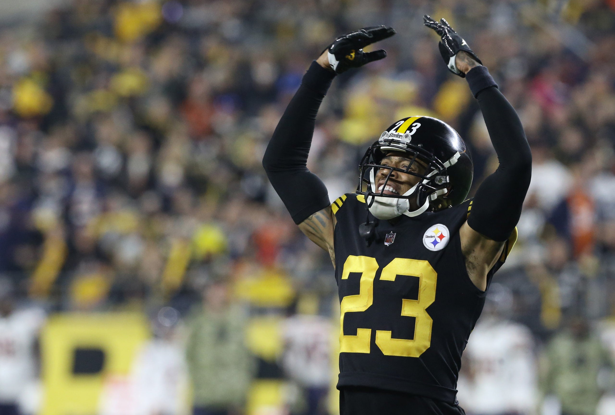 Nov 8, 2021; Pittsburgh, Pennsylvania, USA;  Pittsburgh Steelers cornerback Joe Haden (23) gestures to the crowd against the Chicago Bears during the second quarter at Heinz Field. Mandatory Credit: Charles LeClaire-USA TODAY Sports