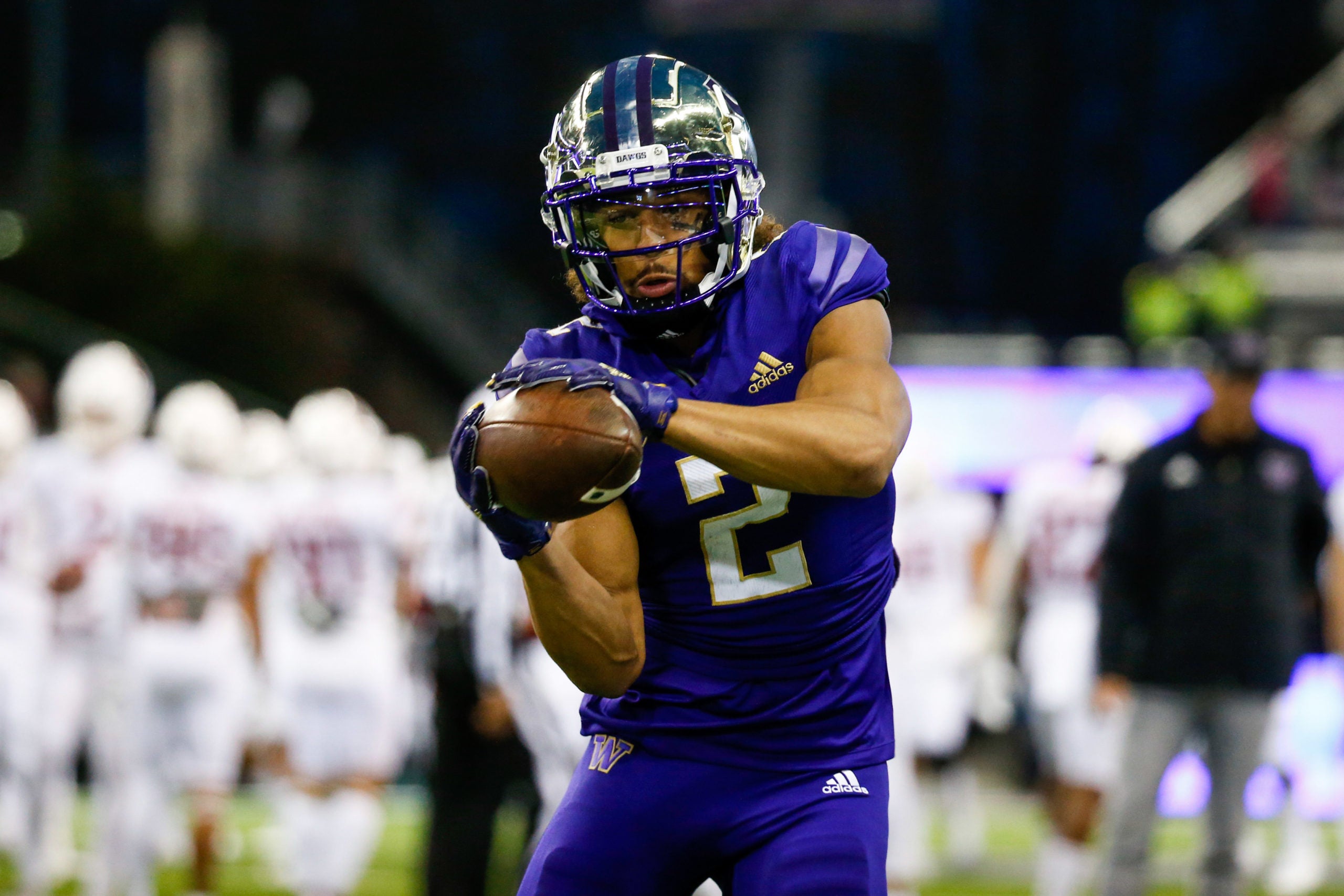 Nov 26, 2021; Seattle, Washington, USA; Washington Huskies defensive back Kyler Gordon (2) participates in pregame warmups against the Washington State Cougars at Alaska Airlines Field at Husky Stadium. Mandatory Credit: Joe Nicholson-USA TODAY Sports