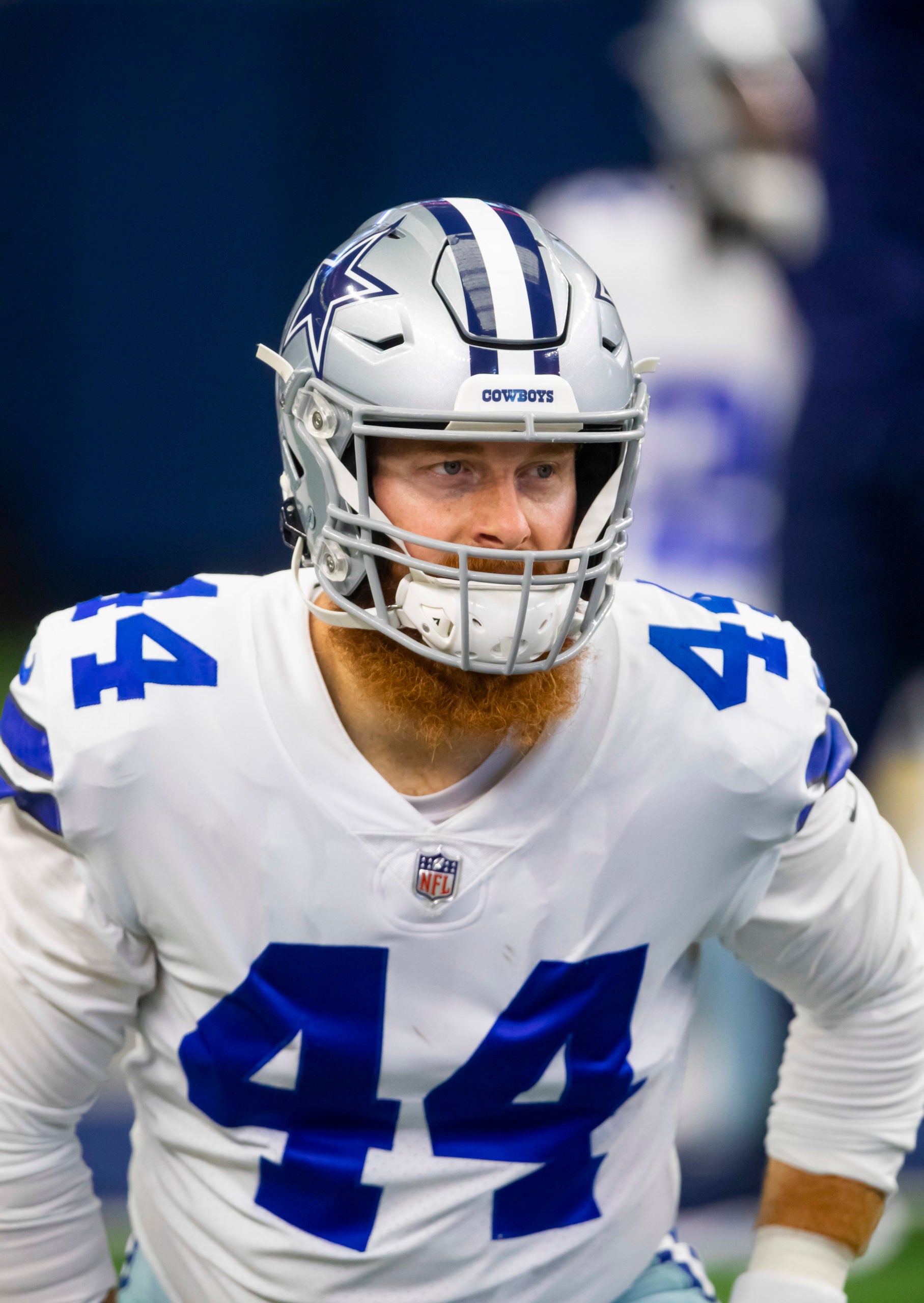 Oct 3, 2021; Arlington, Texas, USA; Dallas Cowboys long snapper Jake McQuaide (44) against the Carolina Panthers at AT&T Stadium. Mandatory Credit: Mark J. Rebilas-USA TODAY Sports