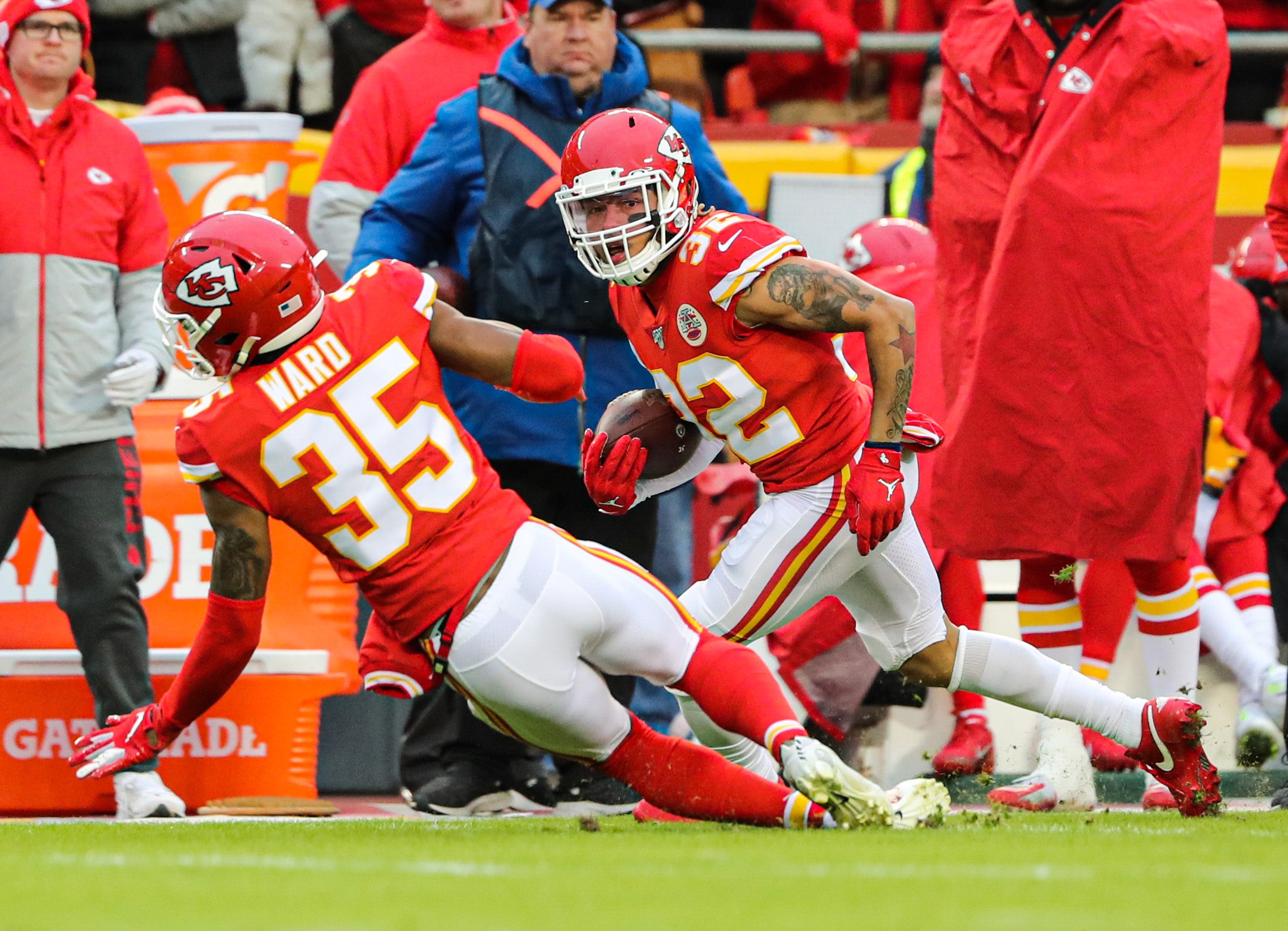 Dec 1, 2019; Kansas City, MO, USA; Kansas City Chiefs strong safety Tyrann Mathieu (32) returns an interception against the Oakland Raiders during the first half at Arrowhead Stadium. Mandatory Credit: Jay Biggerstaff-USA TODAY Sports