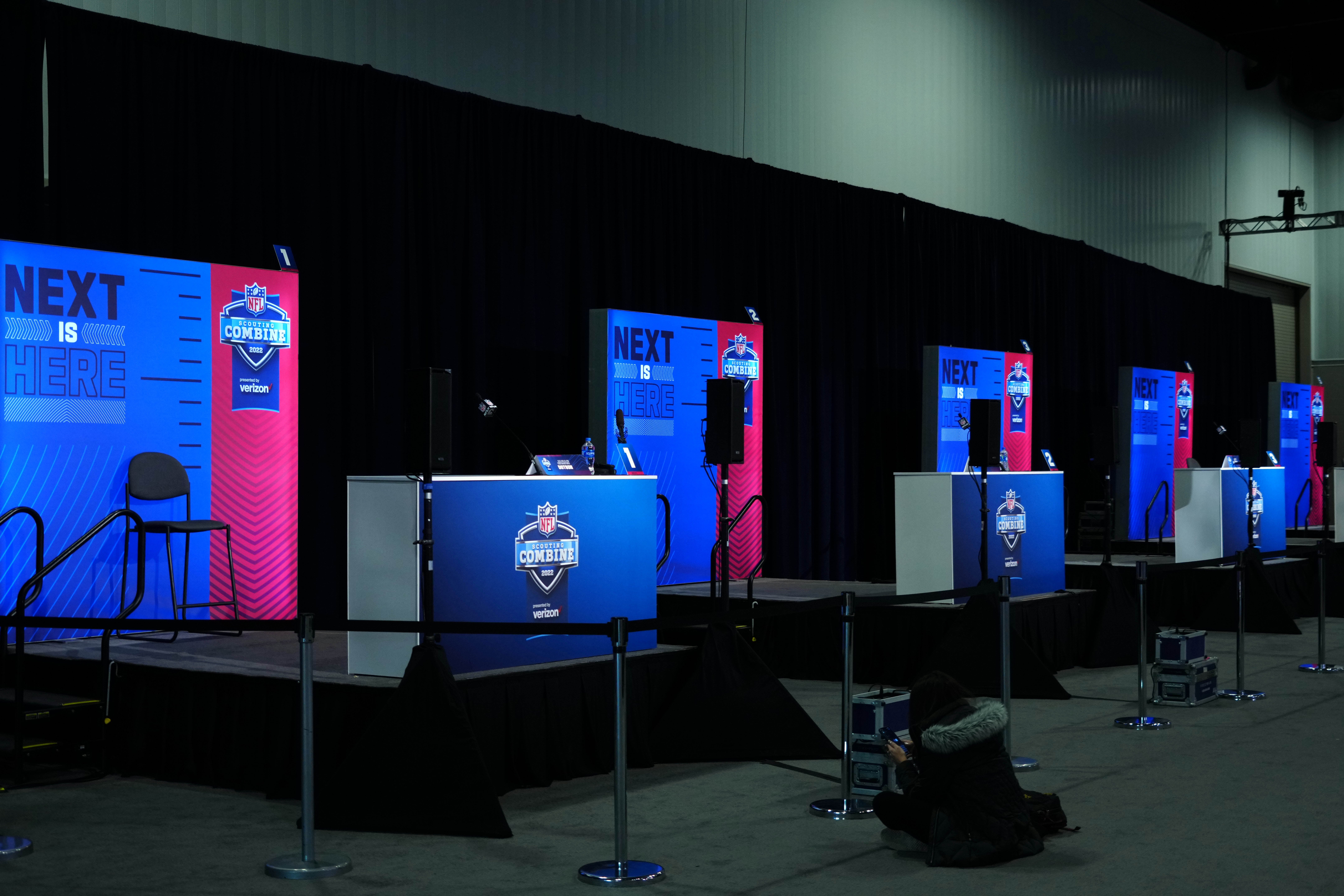 Mar 2, 2022; Indianapolis, IN, USA; A general view as media member Katie Ryan waits at a podium for an interview during the NFL Combine at Lucas Oil Stadium. Mandatory Credit: Kirby Lee-USA TODAY Sports