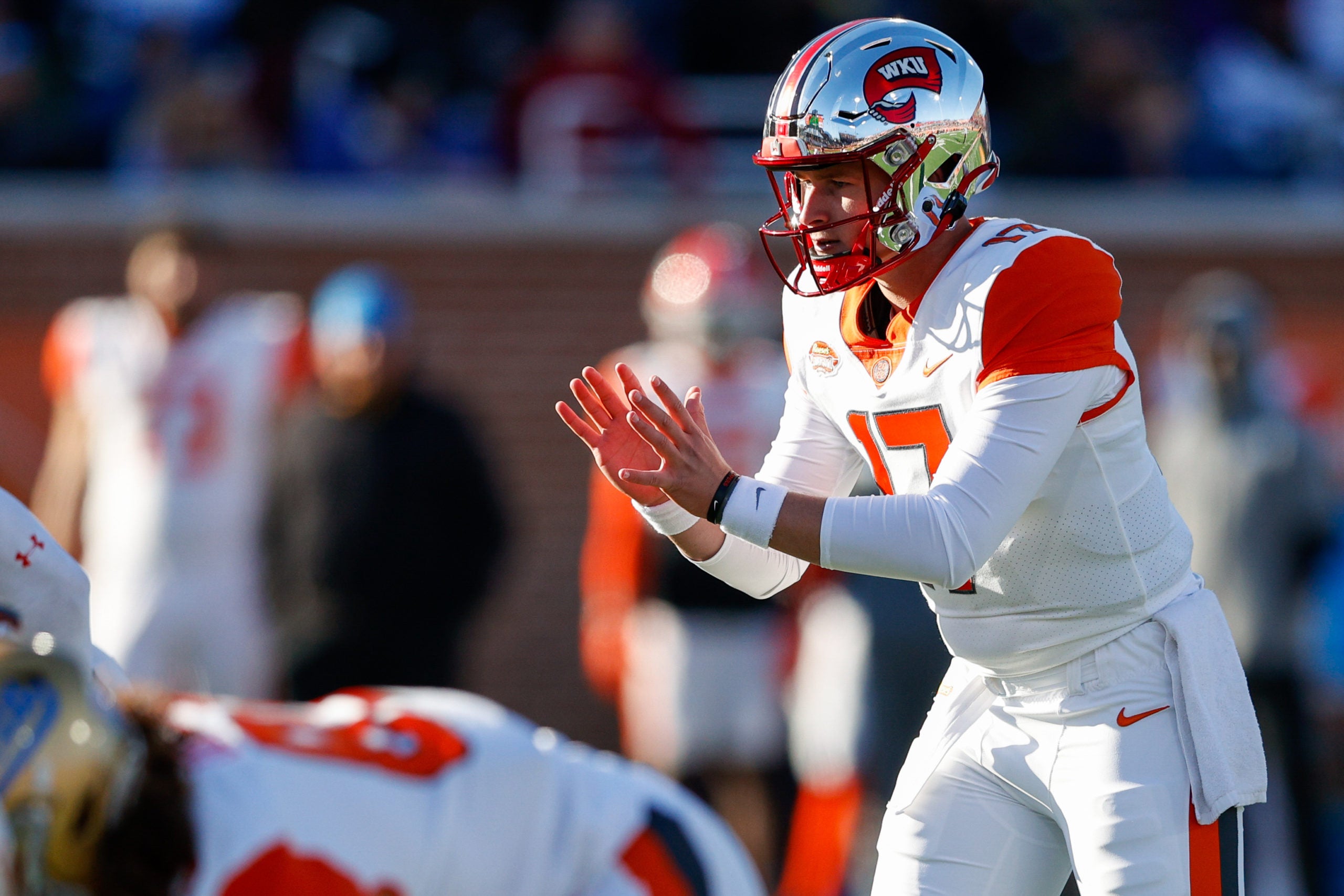 Feb 5, 2022; Mobile, AL, USA;  American squad quarterback Bailey Zappe of Western Kentucky (17) in the second half against the National squad during the Senior bowl at Hancock Whitney Stadium. Mandatory Credit: Nathan Ray Seebeck-USA TODAY Sports