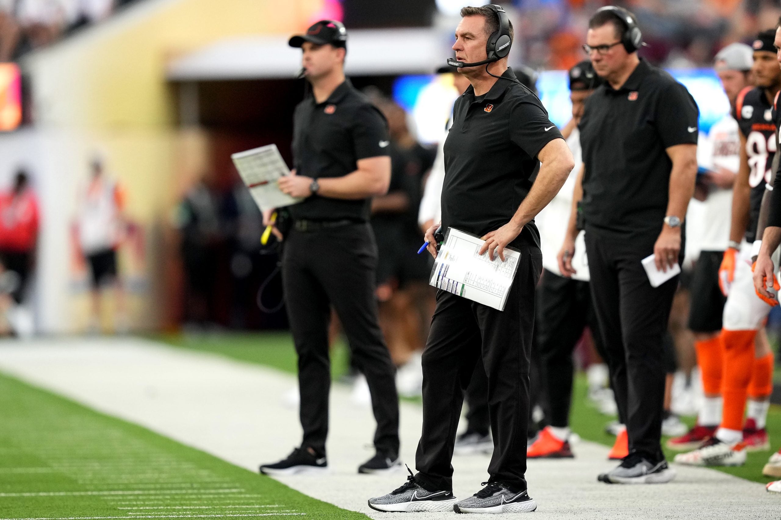 Cincinnati Bengals defensive coordinator Lou Anarumo observes play in the second quarter during Super Bowl 56 between the Los Angeles Rams and the Cincinnati Bengals, Sunday, Feb. 13, 2022, at SoFi Stadium in Inglewood, Calif. Nfl Super Bowl 56 Los Angeles Rams Vs Cincinnati Bengals Feb 13 2022 1119