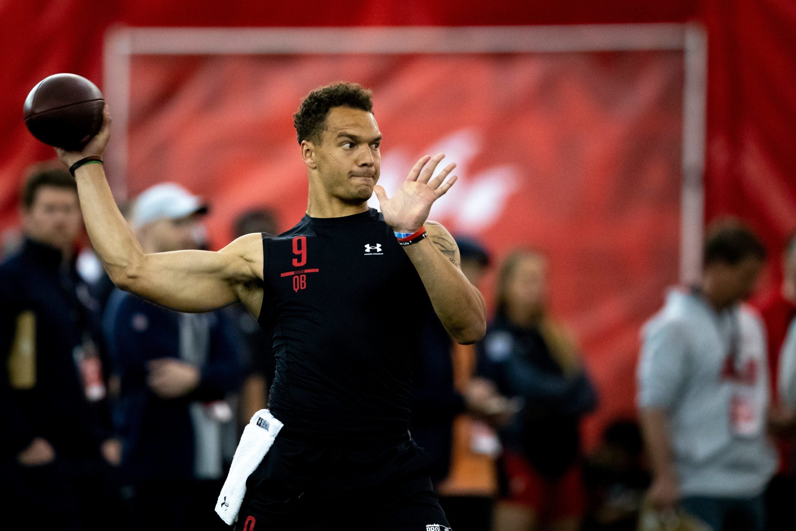 Cincinnati Bearcats quarterback Desmond Ridder (9) throws a pass during Cincinnati Football Pro Day, Thursday, March 24, 2022, at the Sheakley Athletic Complex in Cincinnati. Cincinnati Football Pro Day 136