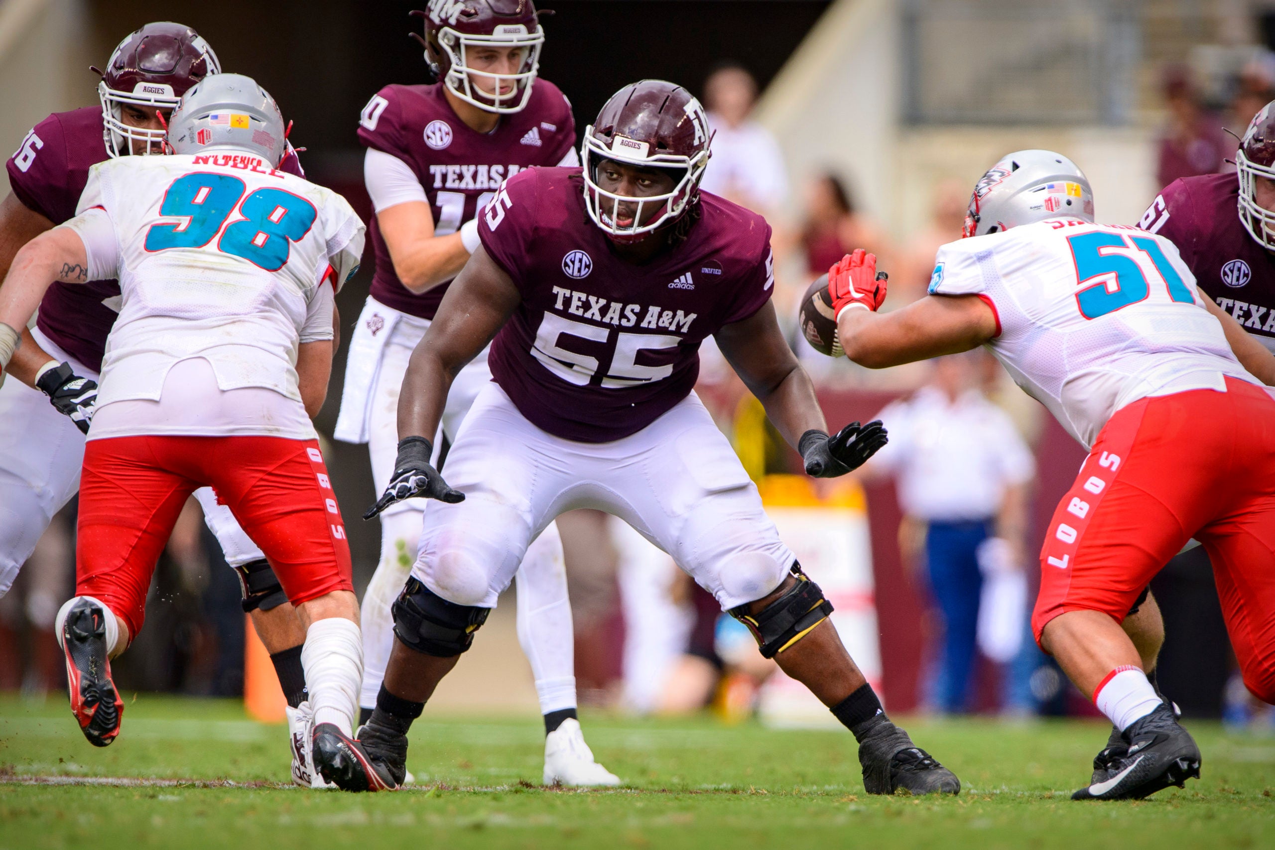 Sep 18, 2021; College Station, Texas, USA; Texas A&M Aggies offensive lineman Kenyon Green (55) in action during the game between the Texas A&M Aggies and the New Mexico Lobos at Kyle Field. Mandatory Credit: Jerome Miron-USA TODAY Sports