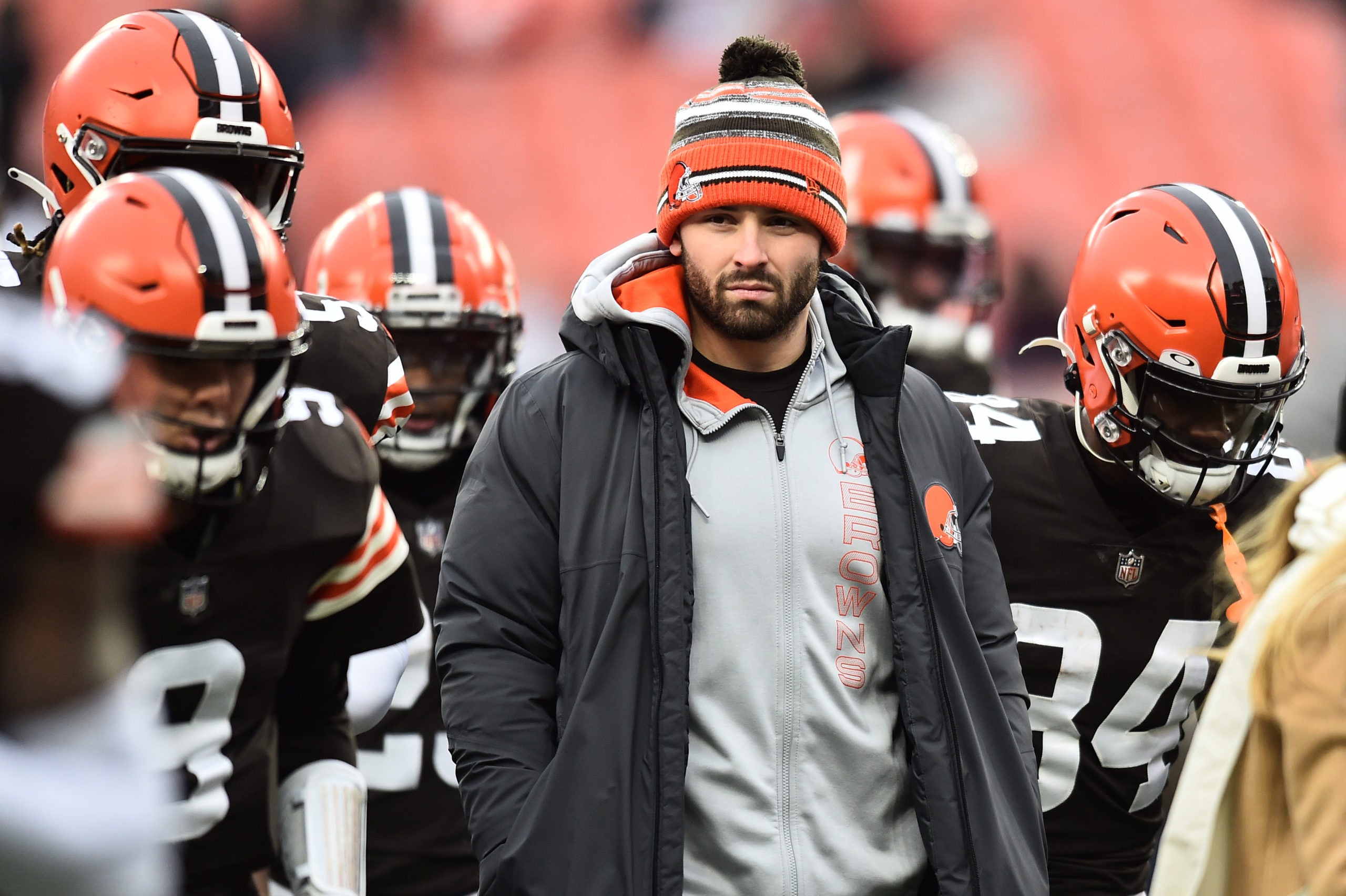 Jan 9, 2022; Cleveland, Ohio, USA; Cleveland Browns quarterback Baker Mayfield (6) walks off the field with the team before the game between the Browns and the Cincinnati Bengals at FirstEnergy Stadium. Mandatory Credit: Ken Blaze-USA TODAY Sports