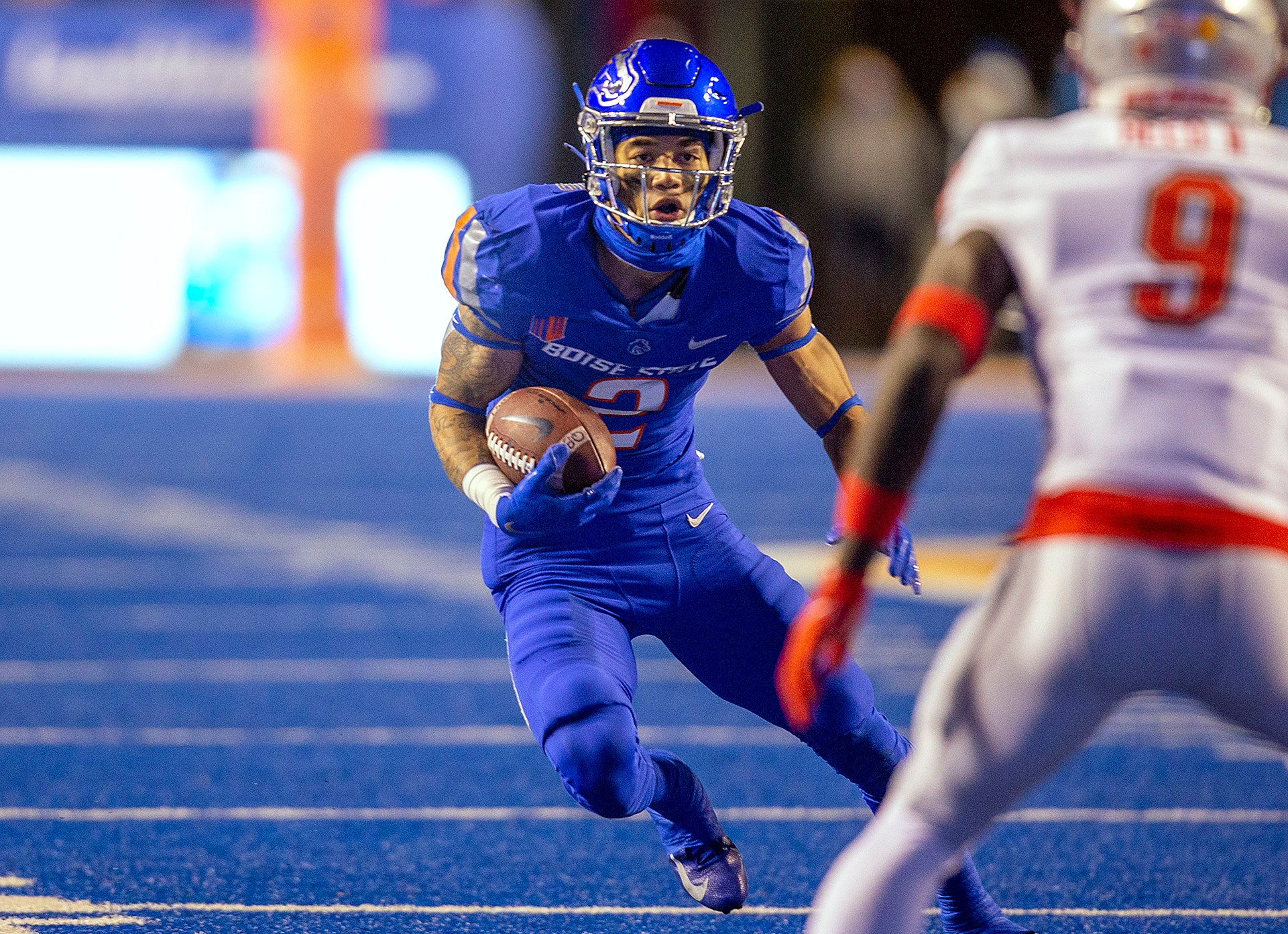 Nov 20, 2021; Boise, Idaho, USA; Boise State Broncos wide receiver Khalil Shakir (2) runs the ball against the New Mexico Lobos during the first half at Albertsons Stadium. Mandatory Credit: Brian Losness-USA TODAY Sports