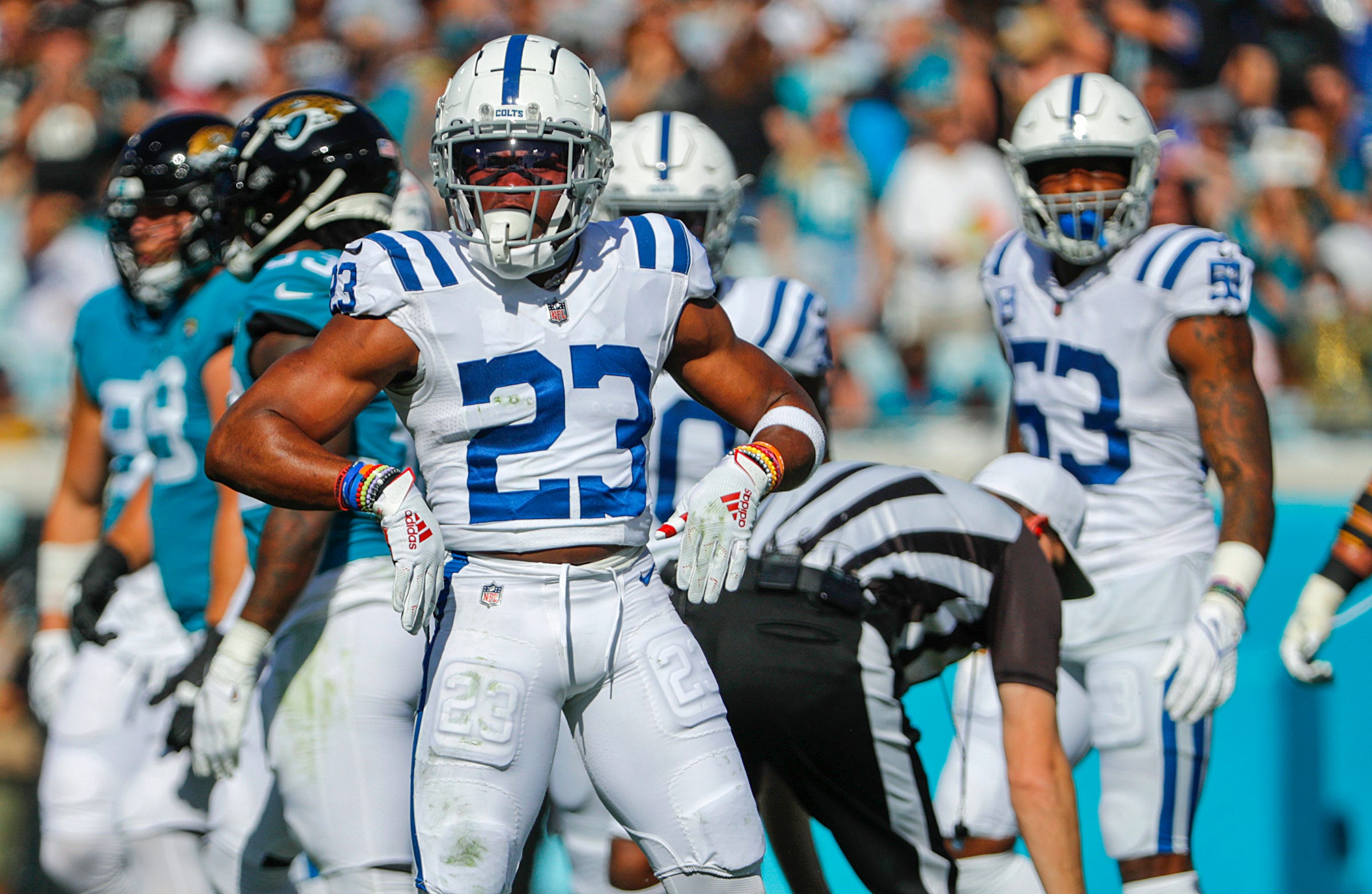 Indianapolis Colts cornerback Kenny Moore II (23) celebrates after a tackle during the first quarter of the game Sunday, Jan. 9, 2022, at TIAA Bank Field in Jacksonville, Fla. The Indianapolis Colts Versus Jacksonville Jaguars On Sunday Jan 9 2022 Tiaa Bank Field In Jacksonville Fla