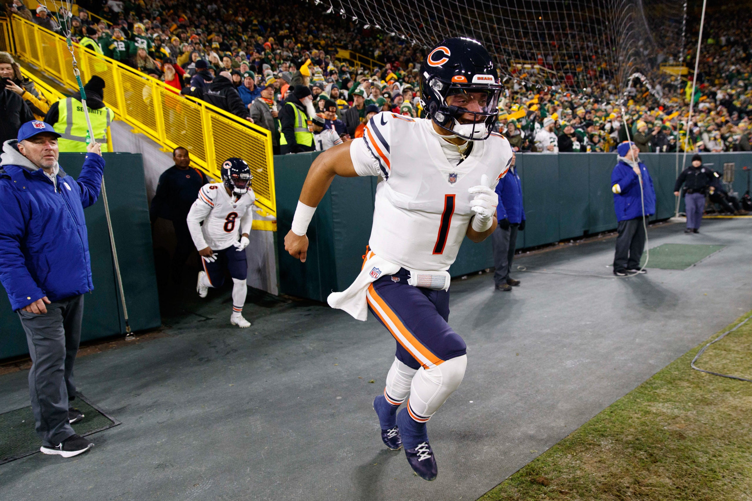 Dec 12, 2021; Green Bay, Wisconsin, USA;  Chicago Bears quarterback Justin Fields (1) prior to the game against the Green Bay Packers at Lambeau Field. Mandatory Credit: Jeff Hanisch-USA TODAY Sports