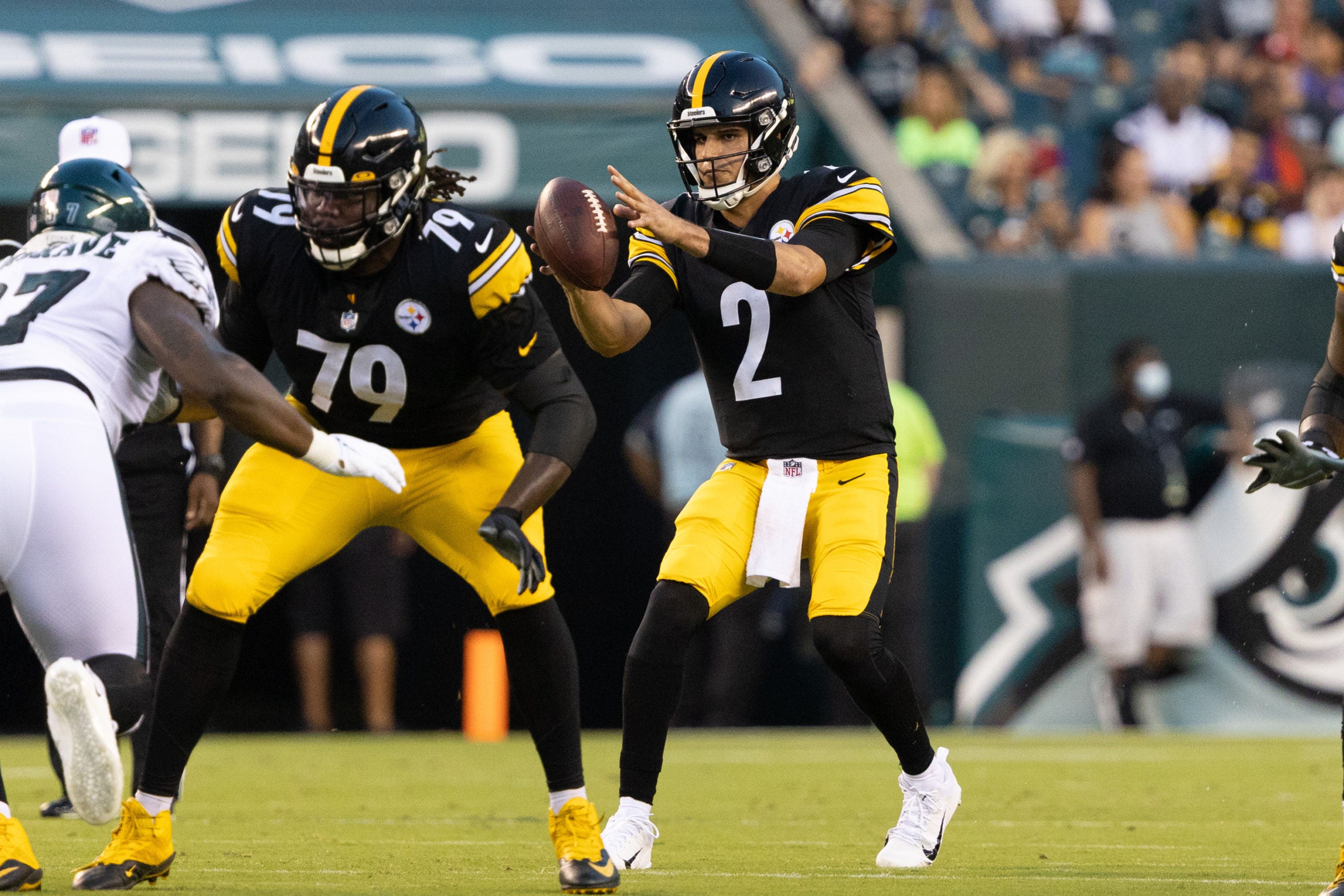 Aug 12, 2021; Philadelphia, Pennsylvania, USA; Pittsburgh Steelers quarterback Mason Rudolph (2) in action against the Philadelphia Eagles during the first quarter at Lincoln Financial Field. Mandatory Credit: Bill Streicher-USA TODAY Sports